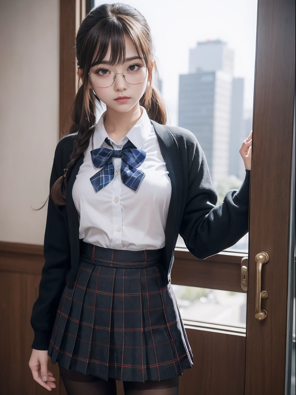 最high quality, 8K, Vibrant, Sharp focus, high quality, High resolution, (high school girl), (whole body), (Very slim and delicate body), Thin and beautiful legs, Thighs, Highly detailed eyes, Thick lips, Plump face, Collared shirt, Navy blue checkered long pleated skirt, Red bow tie, Braid, Glasses, A kind smile, Flat chest, Leaning forward, 