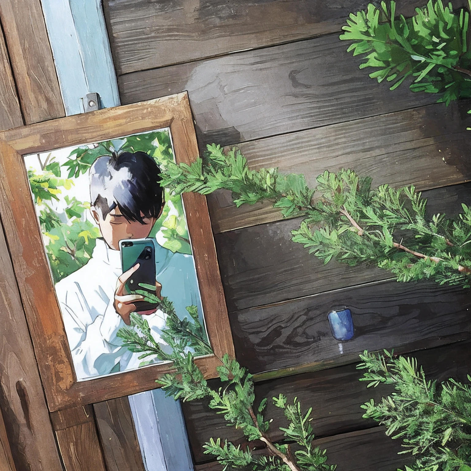 there is a man that is looking at his cell phone in the mirror, with a mirror, one person in frame, framed in image, digital photograph, mirroring, mirror selfie, single portrait, portait photo, with matsu pine trees, photo on iphone, with a tree in the background, vertical portrait, in a frame, portait image, photo portrait