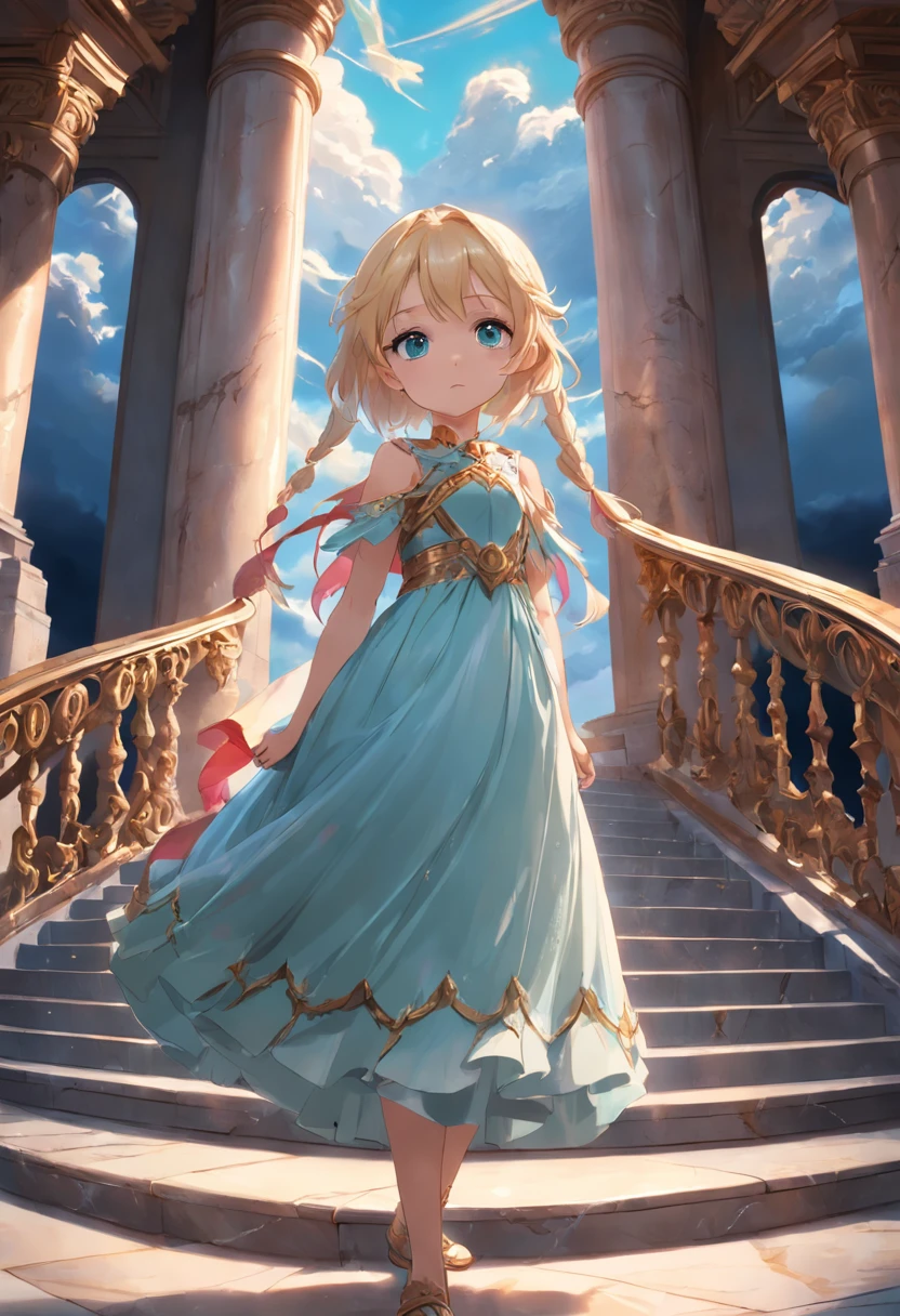 Beautiful princess in dress, Stand on the marble steps at the entrance to the palace, Look at the wyvern in the distant sky.