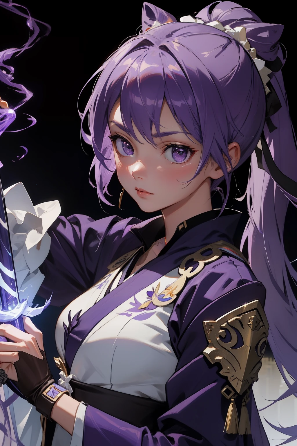 8k UHD,((best illustration)),((masterpiece)), best quality, ((cinematic lighting)), absurdres, looking at viewer, solo, Keqing (flawless radiance), Keqing, official costume, double ponytail, purple hair, hair ribbon, japanese armor, gacha banner, (purple lightning background:1.4), upper body, turn and look at the audience, serious look, black and thin gloves, sword in her left hand