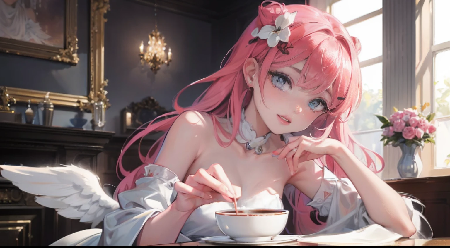 Octane Render、nffsw、(Hyper-detailing: 1.15)、(Soft light、sharp: 1.2)、photoRealstic、Girl with angel wings、Beautiful Angel Girl、Close one eye、Luxurious rooms in the coffee shop、Strawberry Shortcake and Coffee Set、女の子 1 人、a beauty girl、ultradetailed eyes、Plump、A thick、Rainbow painting drops、(hair adornments、耳Nipple Ring、Floral hair ornament、butterfly hair ornament)、 Fuji Film, F/4.0, masutepiece, Anatomically correct