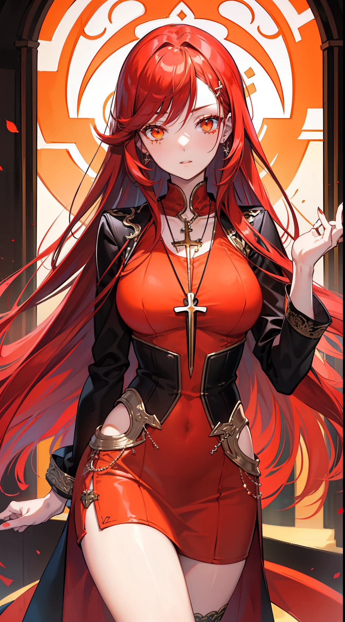 (masutepiece), (Best Quality), Makima with Taylor Swift's face (chain saw man), Best Quality, ultra-detailliert, 1girl in, Solo, Standing, Red hair, Long braided hair, Golden Eyes, Bangs, medium breasts, tie, Look, Smile, (in bad: 1.2), Looking at the viewer, (interview: 1.3), (Dark background, chains: 1.3) Breasts out,