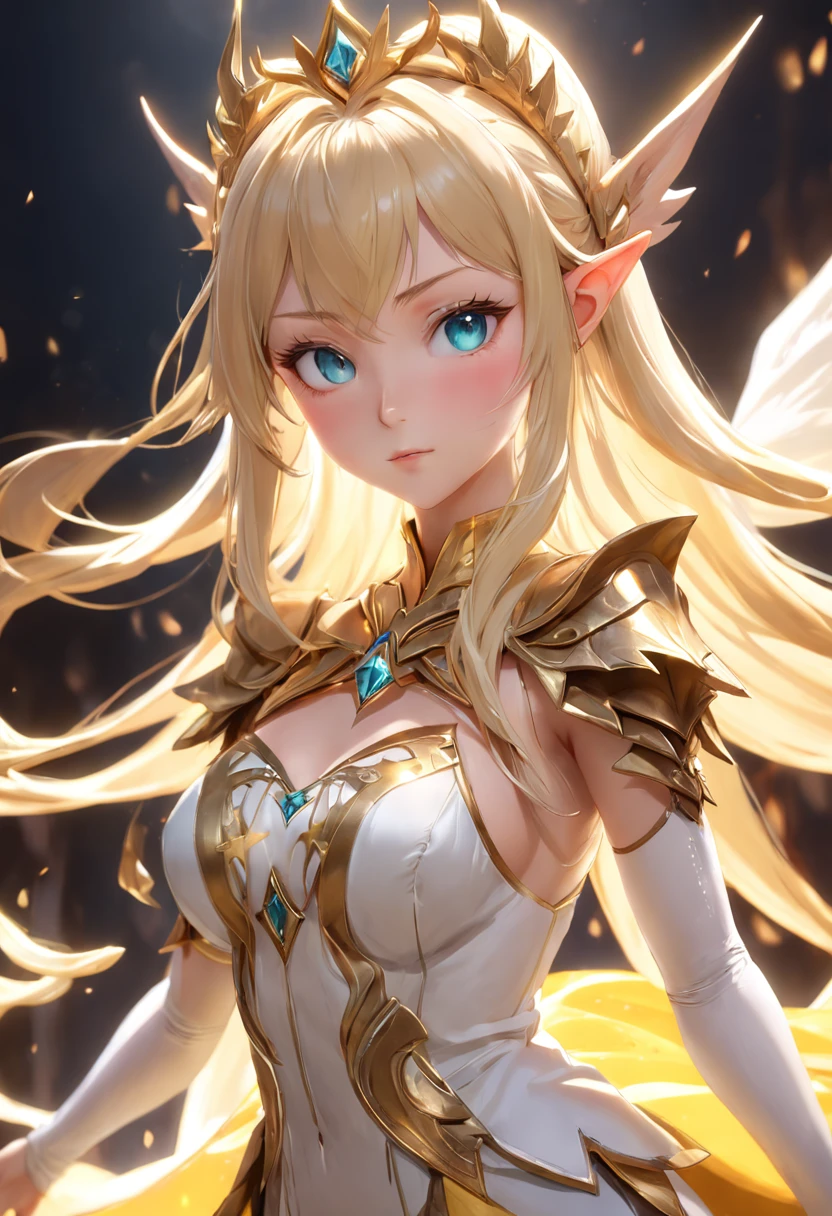 Highest quality、Very detailed、High resolution、16k、Thin contours、耳の長いElf、Nipples are visible、Shining golden armor、Gold bikini armor、Very large breasts、Very large breasts、Very transparent white skirt、Wearing black pants、chest proportion、Smile of the Goddess、Very white skin、Beautiful fingers、Perfect Style、Elf、No bra、Blonde hair and blue eyes、Cool smile