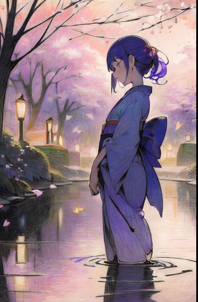 ((​masterpiece,top-quality)),((Handwriting in colored pencils:1.４)),Purple and orange reflection in the twilight sky、Fluttering cherry blossom petals、Garden lanterns and ponds、Woman in kimono crossing small bridge、An expression that evokes a sense of silence and beauty、Delicate touch with handwritten lines、Add natural movement with rough drawings