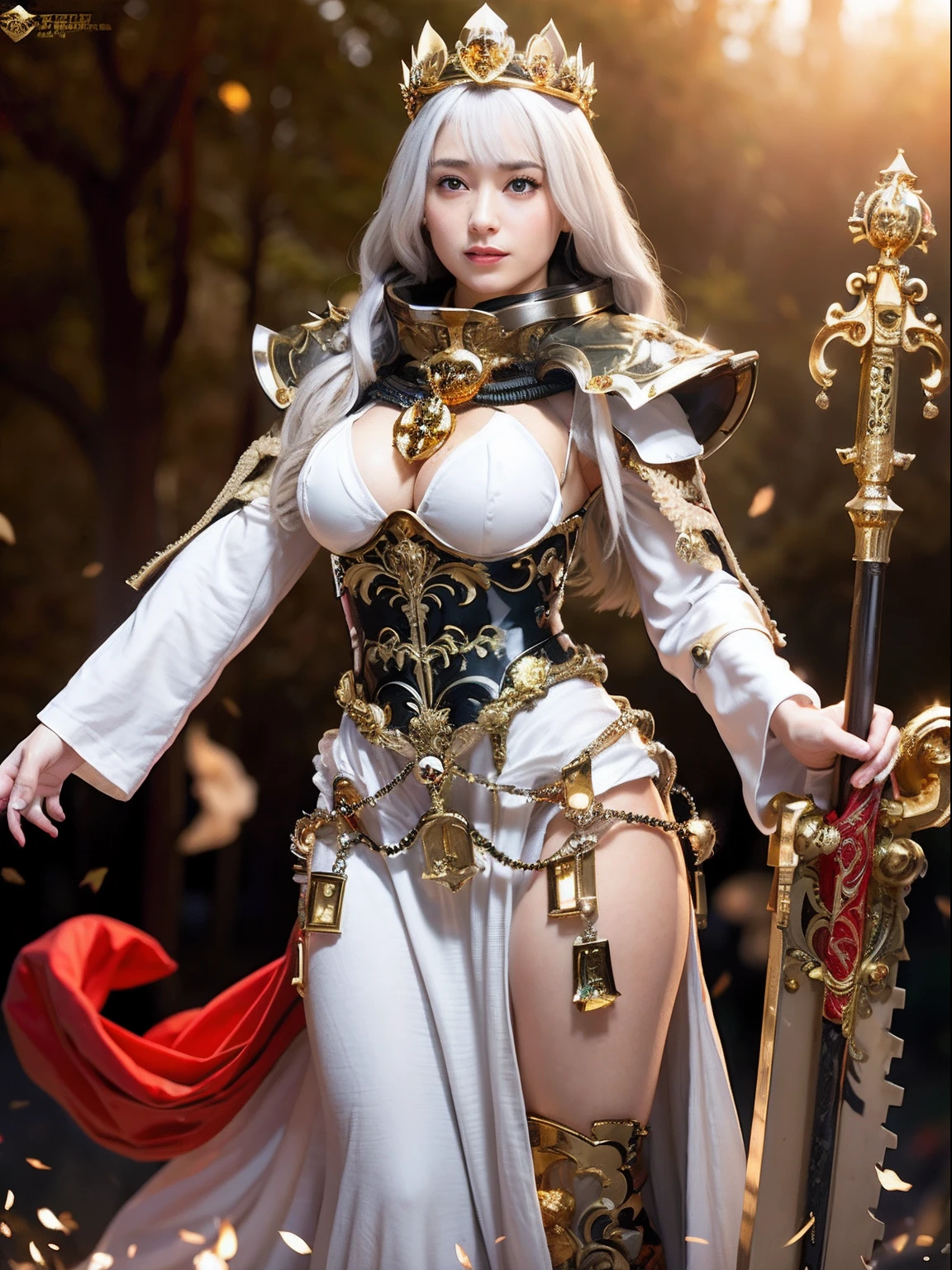 Professional , masterpiece、top-quality、photos realistic , depth of fields (Gemstone White Metal Body:1.9),(Matte White、Jewel Gold Weapon(Jewel Metal Body:1.4),Gorgeous metal weapons ,(( Detailed and gorgeous sword of the brave)) , Beautiful knife ,warhammer 40k ,Detail and ornate jewel crown、((Micro Bikini Armor))、((Gangle's forest background))、Beautiful Caucasian beauty、1a person、dynamic ungle,(((Detailed and ornate diamond crown)))、Smaller head、A smile、Background inside the castle、Thin and beautiful female hands、cleavage of the breast、Soldier in iron armor on background、Mystical expression、Light Effects、intense fighting、Wind-effect、magic circles、With the legendary magic wand、(wings of light)、Toostock、Anatomically correct body、