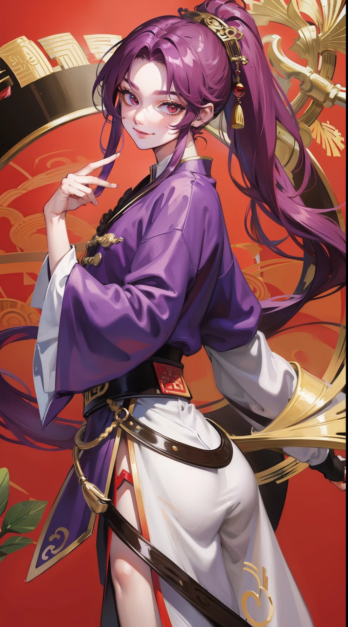 young boy, long purple hair, high ponytail, red-eyes, Chinese purple short-sleeved shirt, Via Hanifa, smirk, Feather Fan, Masterpiece, hiquality