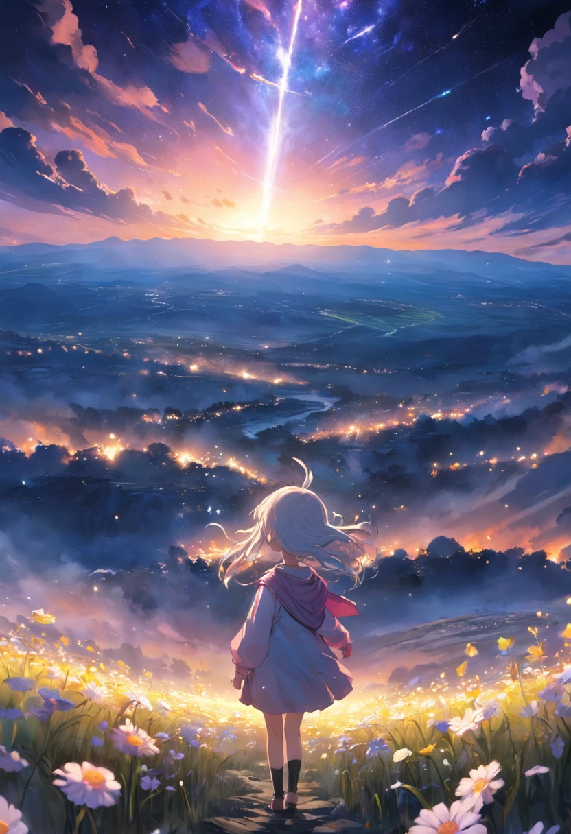 Expansive landscape photograph,(look from down,Above is the sky,Below are open fields),A little girl stood on a flower field and looked up,(moon full:1.2),(meteors:0.9),(Starcloud:1.3),Far Mountain, Tree BREAK making art,(Warm light source:1.2),(glowworm:1.2),lamp lights,Lots of purple and orange,Complicated details,Volumetric lighting BREAK(tmasterpiece:1.2),(best qualtiy),4K,ultra - detailed,(dynamic compositions:1.4),detail-rich,plethora of colors,(Irridescent color:1.2),(with light glowing,Atmospheric lighting),dream magical,magical,(独奏:1.