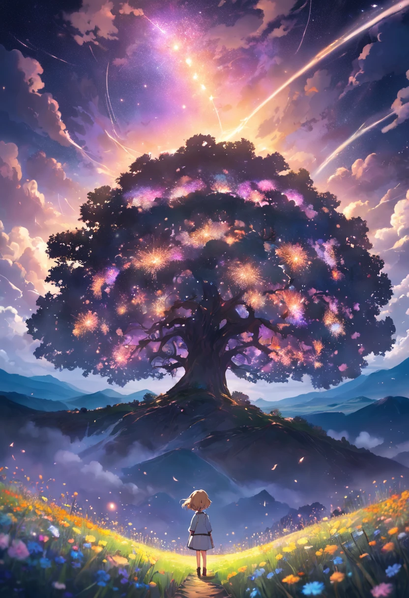Expansive landscape photograph,(look from down,Above is the sky,Below are open fields),A little girl stood on a flower field and looked up,(moon full:1.2),(meteors:0.9),(Starcloud:1.3),Far Mountain, Tree BREAK making art,(Warm light source:1.2),(glowworm:1.2),lamp lights,Lots of purple and orange,Complicated details,Volumetric lighting BREAK(tmasterpiece:1.2),(best qualtiy),4K,ultra - detailed,(dynamic compositions:1.4),detail-rich,plethora of colors,(Irridescent color:1.2),(with light glowing,Atmospheric lighting),dream magical,magical,(独奏:1.