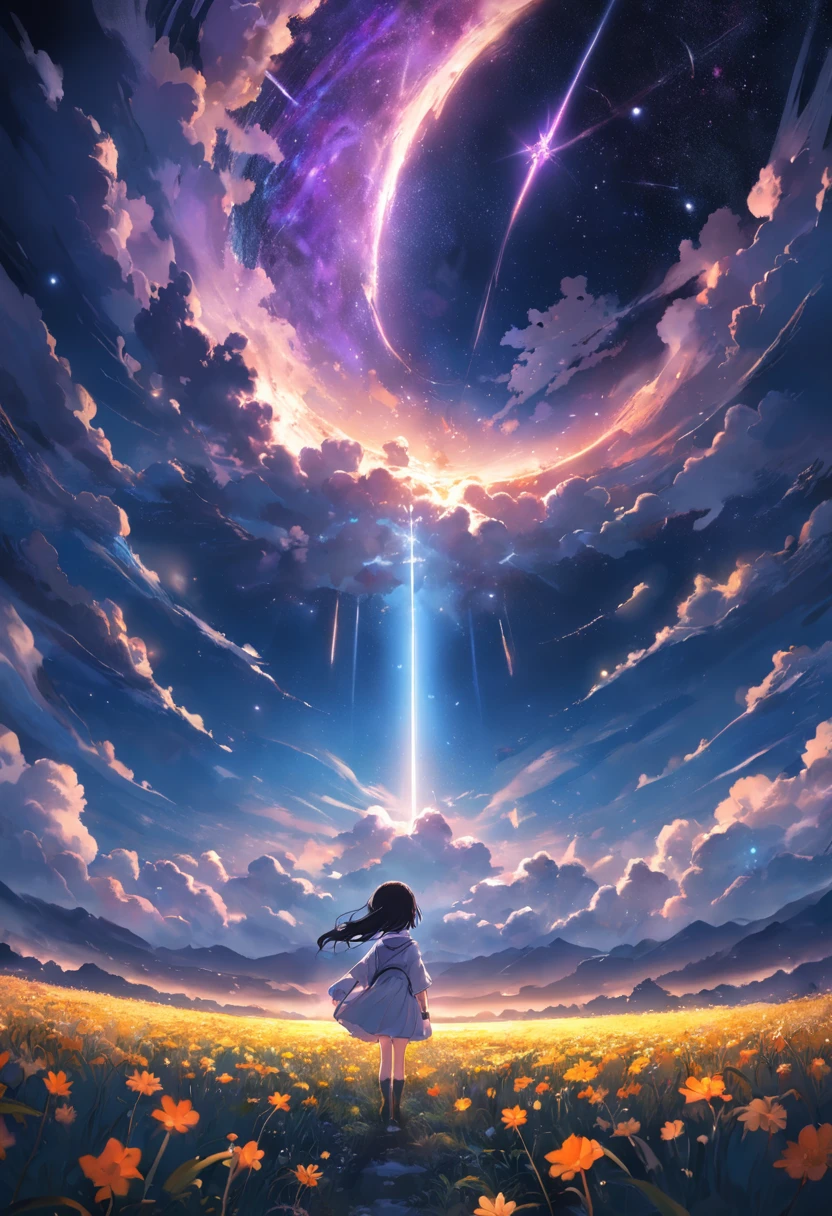 Expansive landscape photograph,(look from down,Above is the sky,Below are open fields),A little girl stood on a flower field and looked up,(moon full:1.2),(meteors:0.9),(Starcloud:1.3),Far Mountain, Tree BREAK making art,(Warm light source:1.2),(glowworm:1.2),lamp lights,Lots of purple and orange,Complicated details,Volumetric lighting BREAK(tmasterpiece:1.2),(best qualtiy),4K,ultra - detailed,(dynamic compositions:1.4),detail-rich,plethora of colors,(Irridescent color:1.2),(with light glowing,Atmospheric lighting),dream magical,magical,(独奏:1.