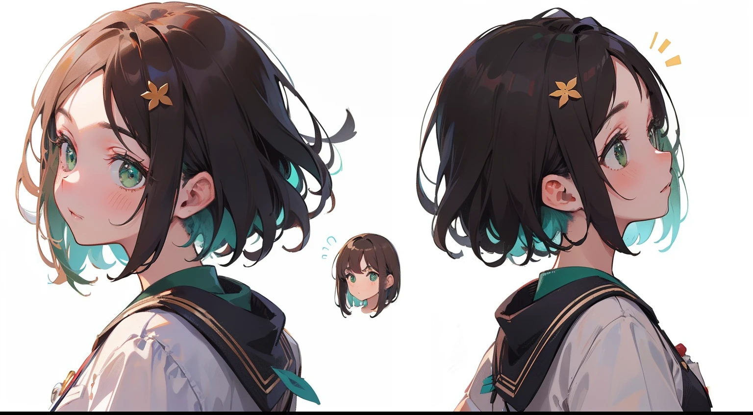 (masterpiece), (best quality), sharp focuse, (character design sheet, same character, profile side, back, close up), illustration, (detailed hair, detailed face, detailed features structure), ((1 woman, solo)), perfect feminine face, pose zitai, detailed design character, chestnut brown hair, short hair, ((green eyes, beautiful shapes of eyes)), (scientist outfit:1.2), (simple background, white background: 1.3)