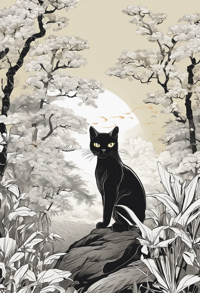 Ukiyo-e style、Black and white bee cat、mascle、Resistant to battle、Spoiled eldest son、Standing up in the back、Yellow eyes、Bamboo bushes in the background、