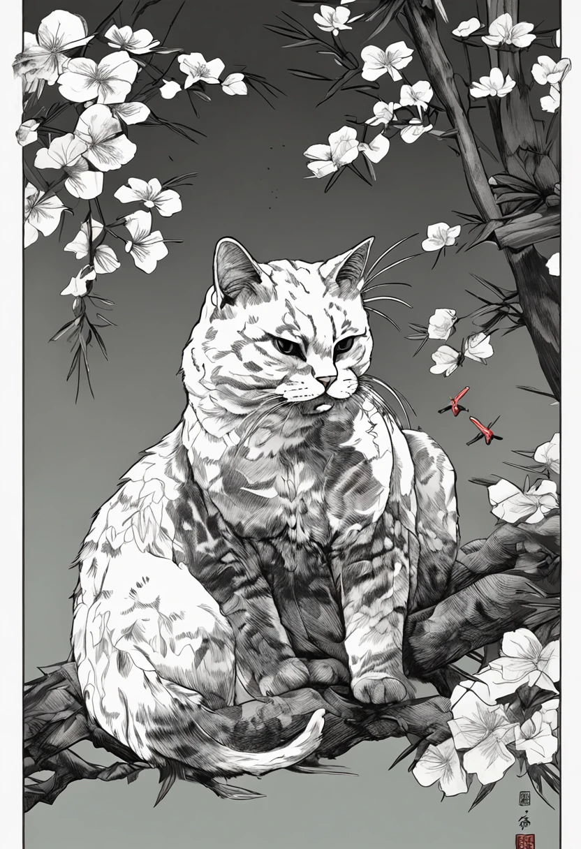 Ukiyo-e style、Black and white bee cat、mascle、Resistant to battle、Spoiled eldest son、Standing up in the back、Yellow eyes、Bamboo bushes in the background、