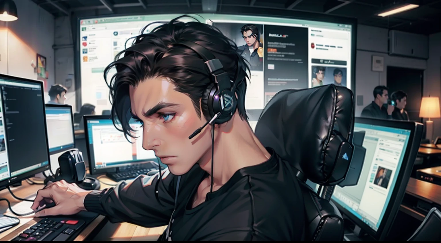 mature male , dark hair , dark eye , computer desk , gaming , headset , playing game , mexican america ,