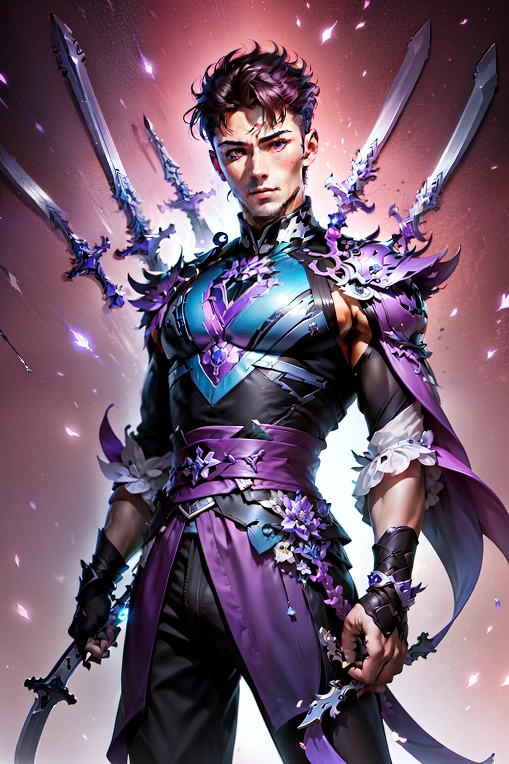 a handsome guy, floating in the air, he is surrounded by the twenty swords, Purple, The background is the sky above the city. Unlimited Blade Works, Tyndall effect, glow special effects, in the style of anime art, romantic graffiti, gongbi, realistic pop, neo fauvist, Knolling, 8k.