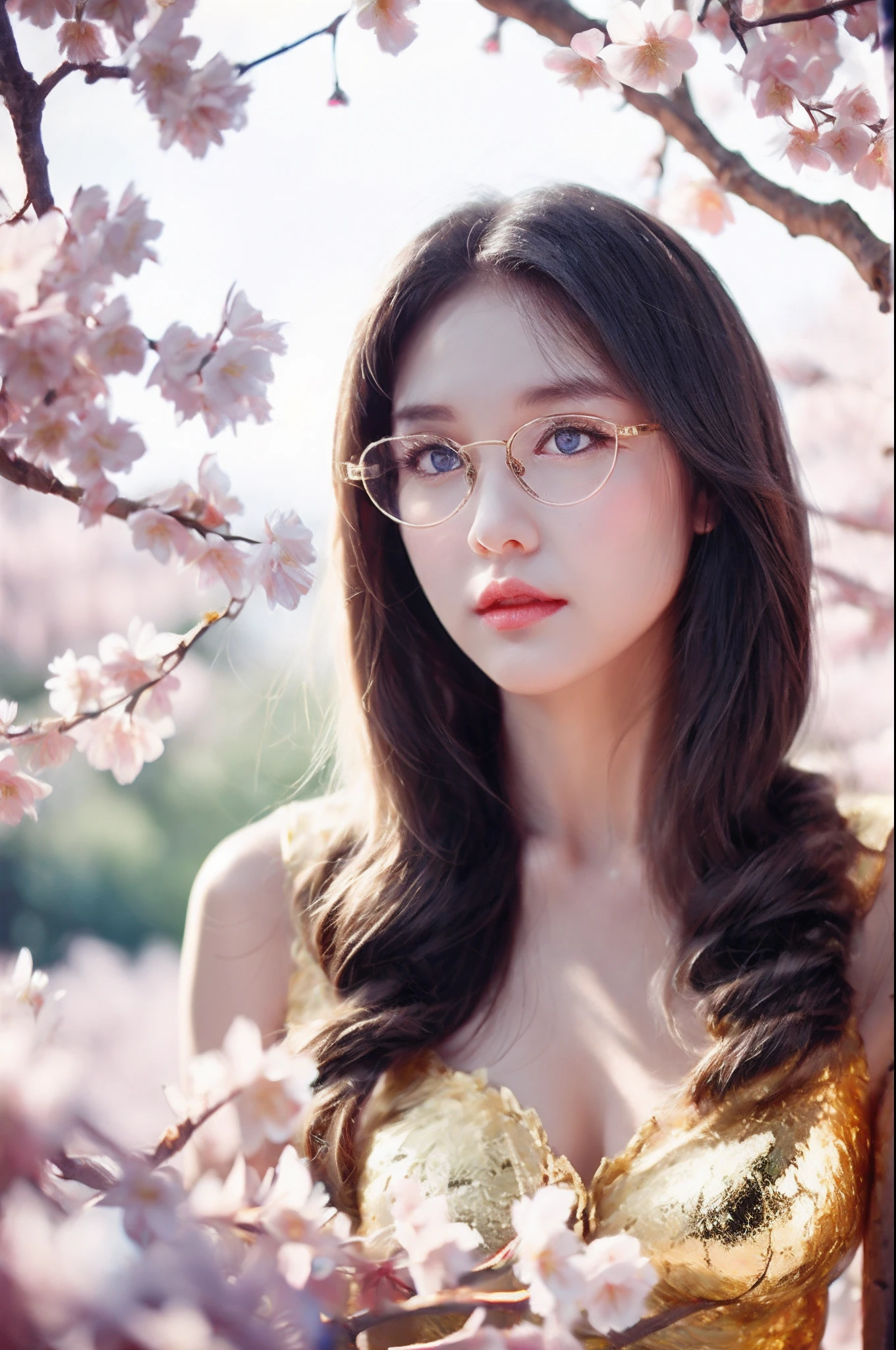 (Long blonde hair+Small pink flowers:1.3+Big red and blue eyes+Heterochromia+gold-wire glasses:1.2+Intellectual beauty:1.1),under a sakura tree,Sideslit,lace legwear