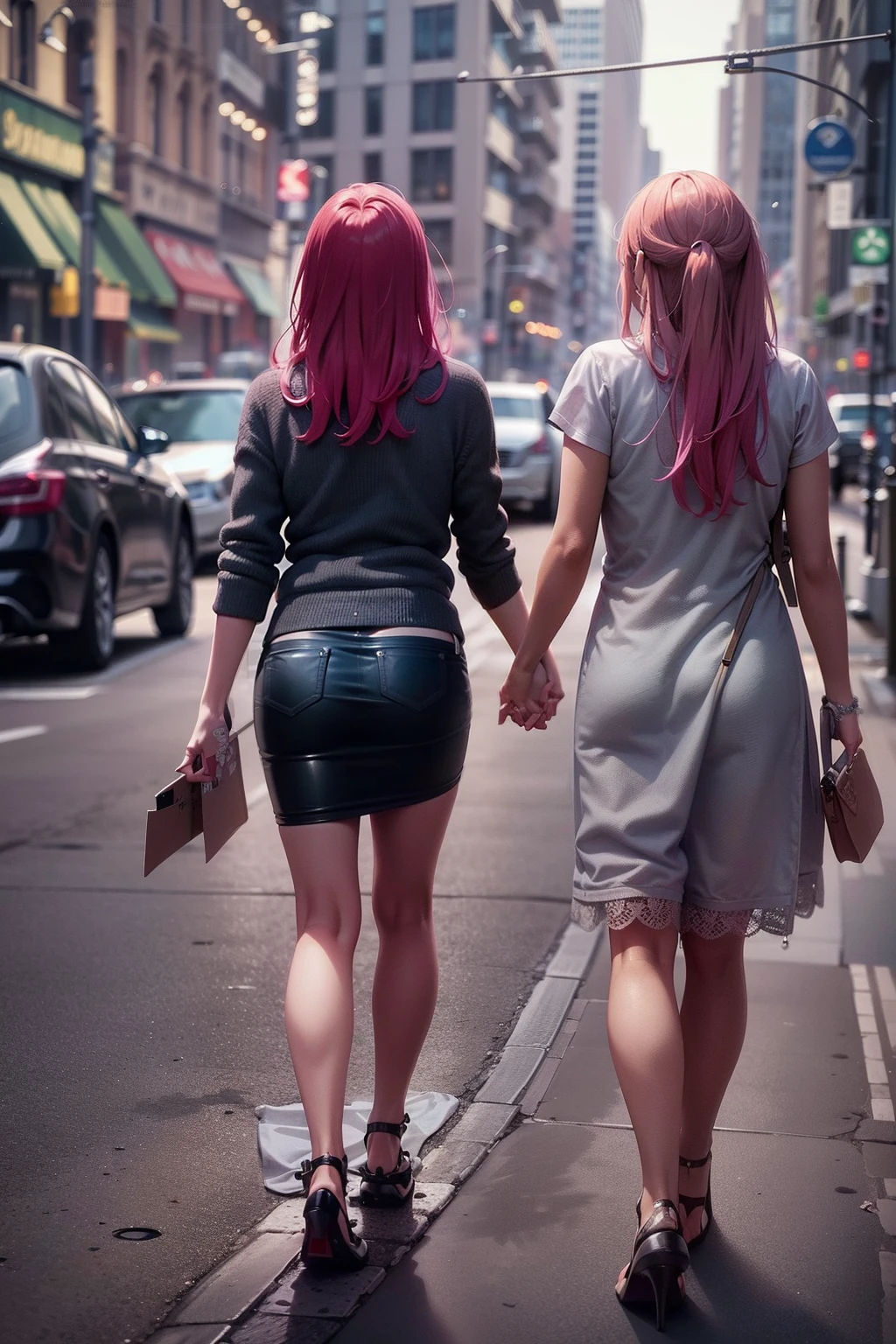 Uma imagem espetacular. An average photo of a beautiful young woman of about 23 years and her sister of 27 years even more impressive, are of Germanic origin. The two are together holding hands strolling down a New York City street on a Saturday night on their way to party areas........... Realismo extremo, detalhes insanos, intricate composition, cinematic quality, Perfect photography, Cores sublimes.