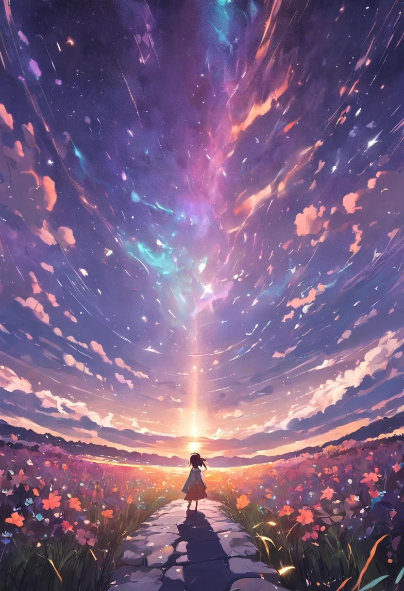 A girl standing on a path looking at the sky with stars - SeaArt AI
