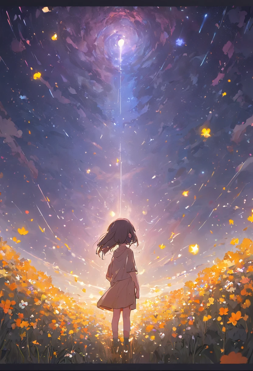 Expansive landscape photograph，（look from down，Above is the sky，Below are open fields），A little girl stood on a flower field and looked up，（moon full：1.2），（meteors：0.9），（Starcloud：1.3），Far Mountain, Tree BREAK making art，（Warm light source：1.2），（glowworm：1.2），lamp lights，Lots of purple and orange，Complicated details，Volumetric lighting BREAK（tmasterpiece：1.2），（best qualtiy），4K，ultra - detailed，（dynamic compositions：1.4），detail-rich，plethora of colors，（Irridescent color：1.2），（with light glowing，Atmospheric lighting），dream magical，magical，（独奏：1.
