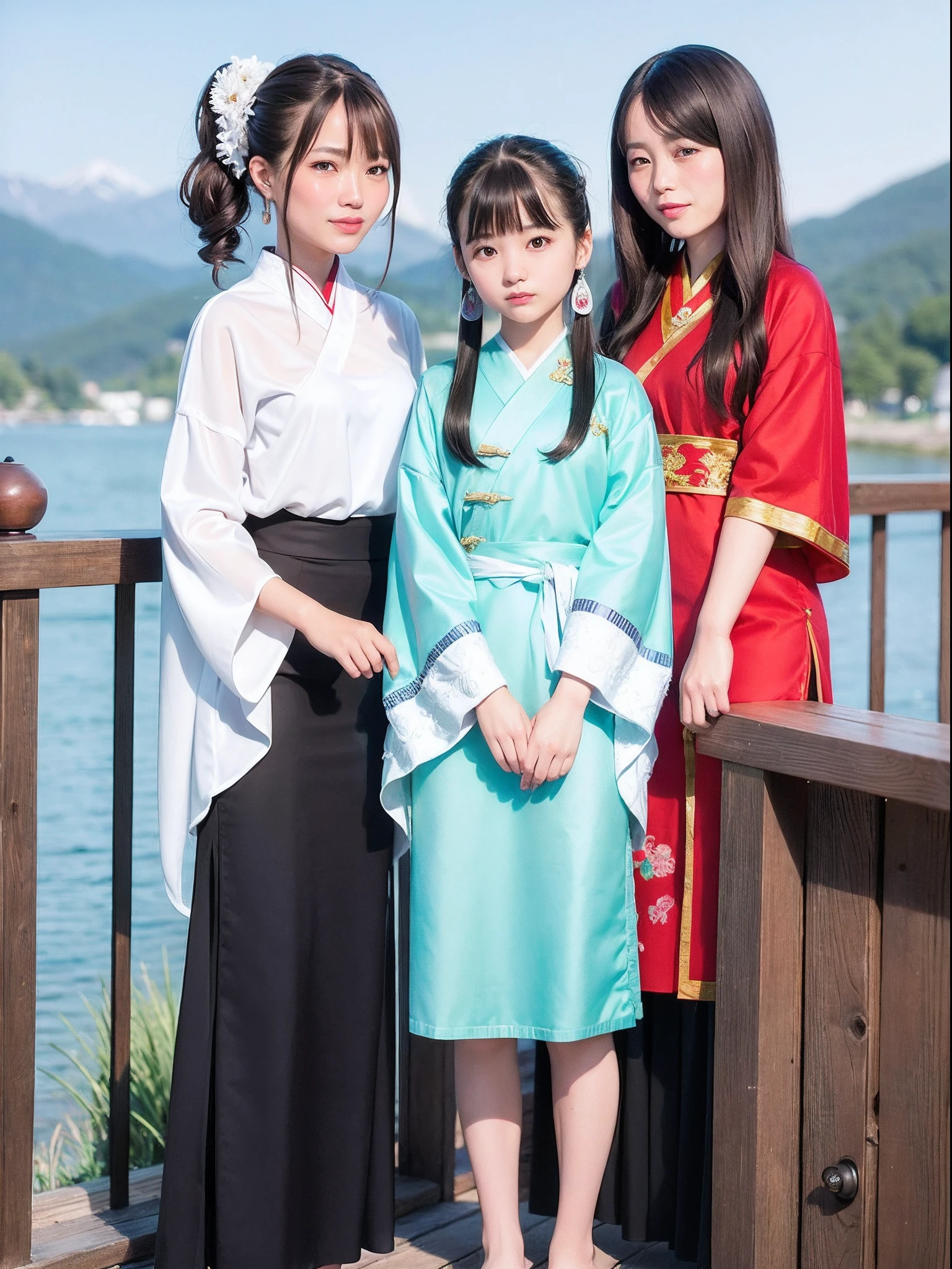 Chinese women in period costumes pose for a group photo, Long-sleeved Han costume, Varied, ，Insert hairpins into coiled hair, The clothes are fluttering，Side full body fairy, , Standing on a small bridge,Mountains in the background His melancholy eyes looked into the distance, Wear period costumes，Wearing earrings bracelet light green Hanfu delicate embroidery，Detailed facial features and ultra-clear picture quality，Standing barefoot at West Lake，Resolution up to 8K