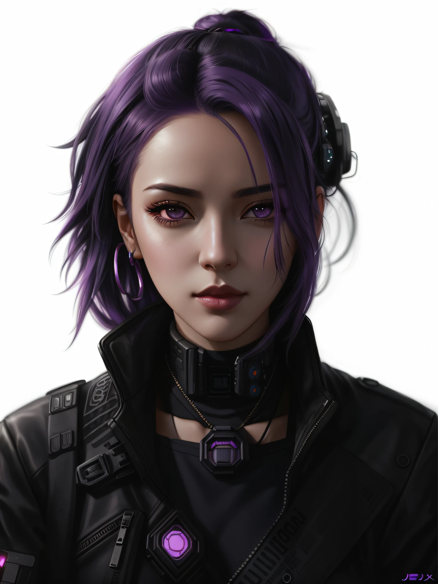 a close up of a woman with purple hair and a black jacket, realistic artstyle, the cyberpunk girl portrait, detailed character portrait, jet black haired cyberpunk girl, dreamy cyberpunk girl, character art portrait, female cyberpunk anime girl, closeup character portrait, artwork in the style of guweiz, dark natasha, epic portrait illustration, cyberpunk portrait, rossdraws portrait