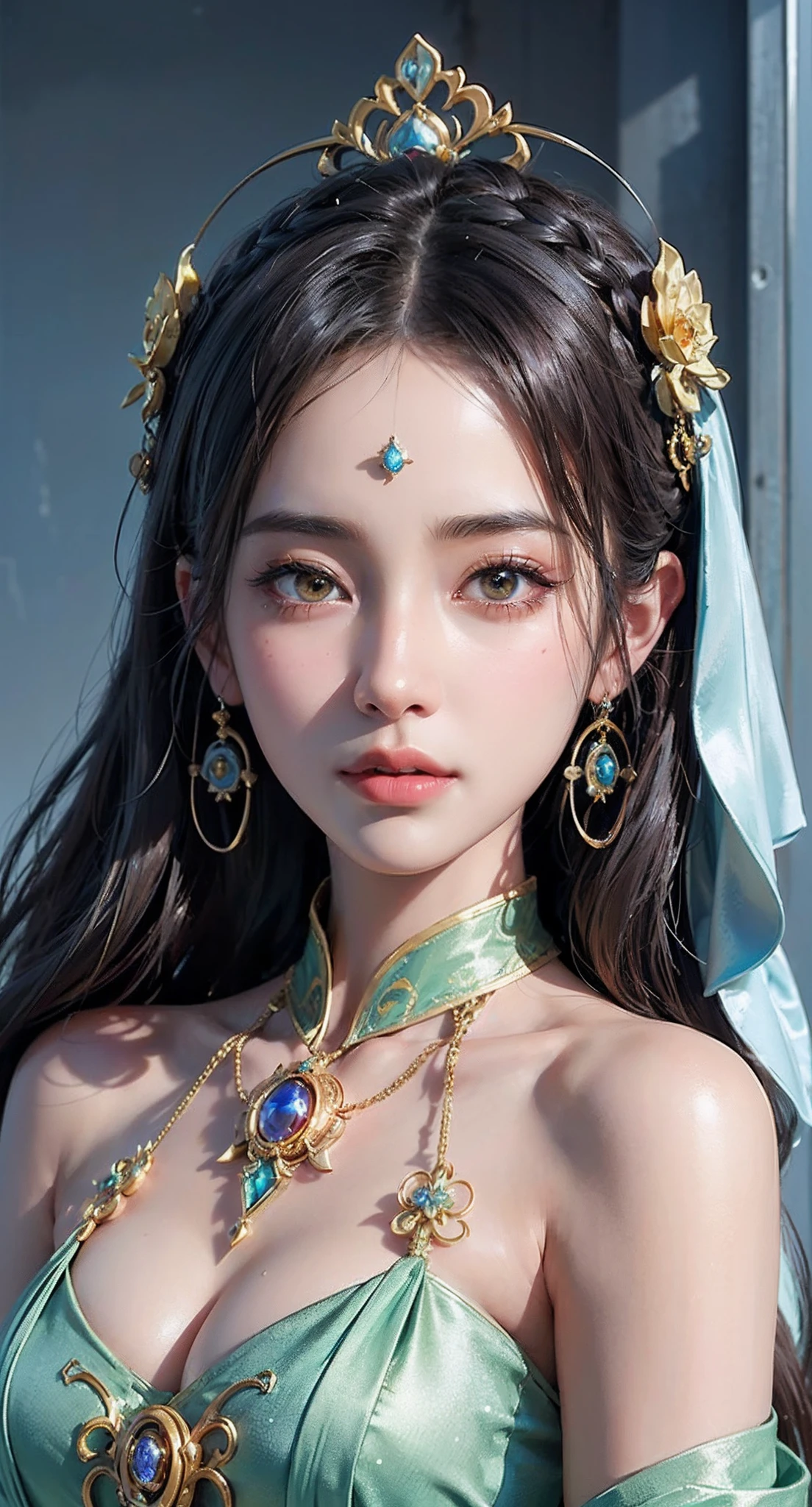a close up of a woman with a tia on her head, intricate ornate anime cgi style, 4 k detail fantasy, anime cgi, cinematic goddess close shot, inspired by Li Mei-shu, a beautiful fantasy empress, inspired by Lan Ying, smooth anime cg art, close up character, hyperdetailed fantasy character, game cg, ruan jia and artgerm