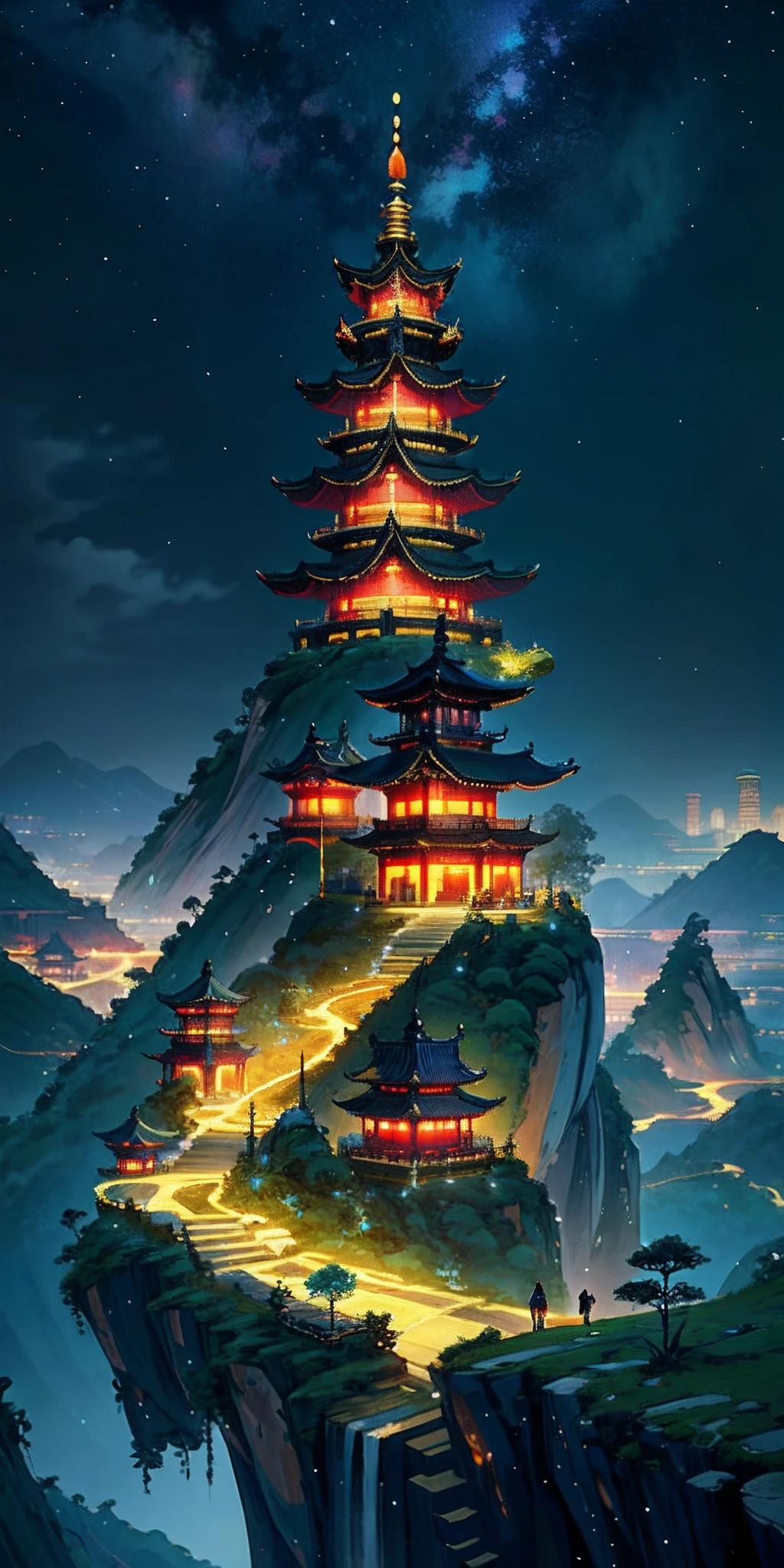 sky, star (sky), scenery, starry sky, night, 1girl, night sky, solo, outdoors, cloud, milky way, sitting, long hair, city, cityscape, winner of cg society competition, fantasy art, dreamy Chinese town, Chinese landscape, Chinese fantasy, Chinese ink style, pin ancient city view, order Impressive fantasy landscape, most epic landscape, pagoda on hill, mountainous jungle environment, avatar landscape, chinese village.