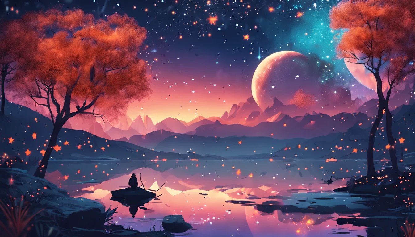 Masterpiece、top-quality、Top image quality、8K quality、、Beautiful starry sky illustration、Two beautiful shooting stars、Fantastical、Lake、Lots of fireflies、