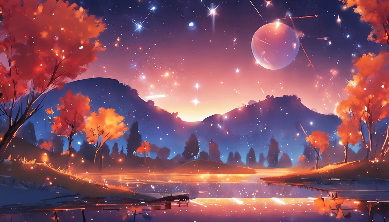 Masterpiece、top-quality、Top image quality、8K quality、、Beautiful starry sky illustration、Two beautiful shooting stars、Fantastical、Lake、Lots of fireflies、