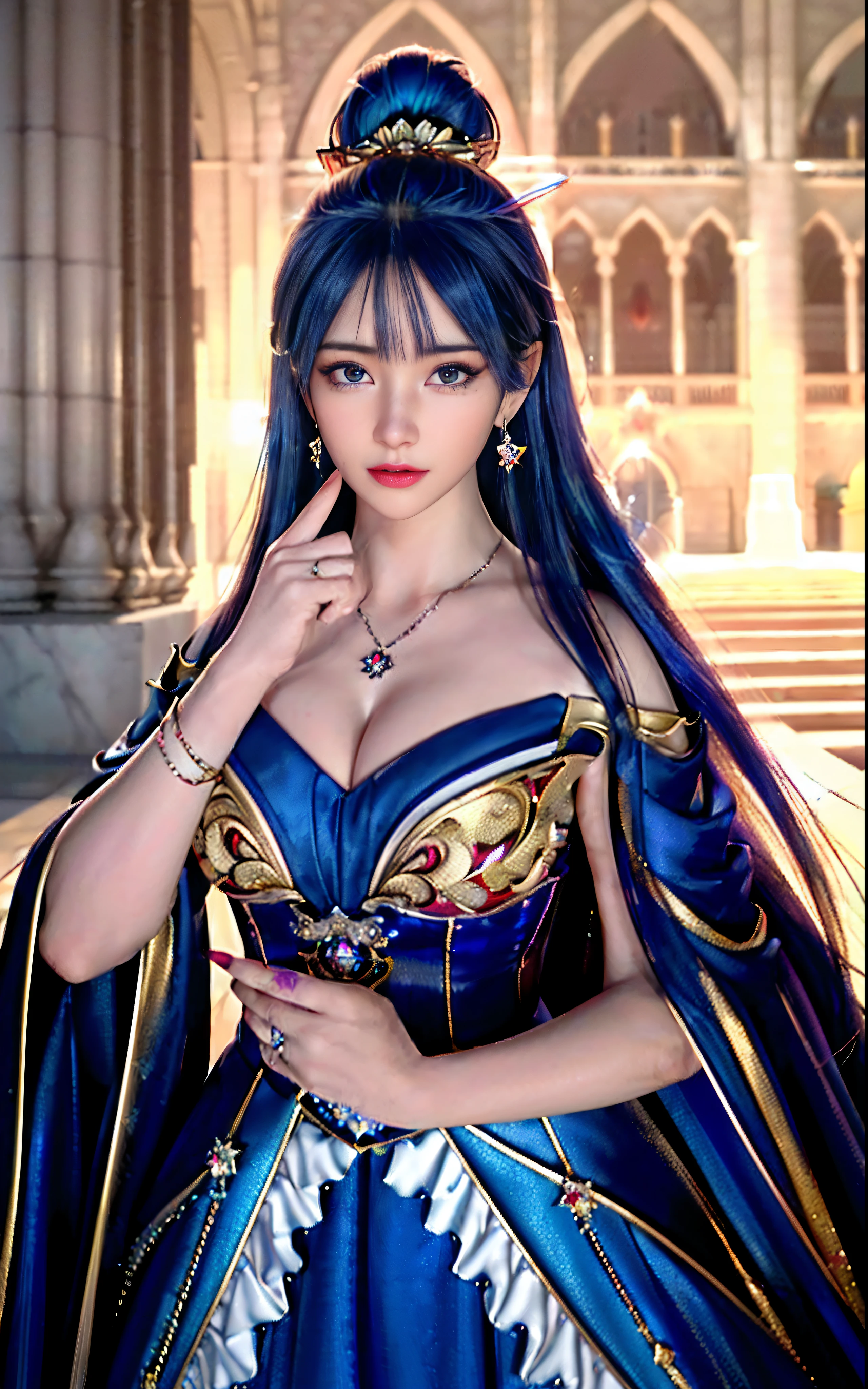 ((realisticity: 1.2)), ((best resolution: 8K UHD)), best quality,masterpiece,highres,cg,
((1 super detailed and super realistic girl)), ((very beautiful queen dazzling, super realistic, and super detailed)),((white skin, beautiful, smooth, youthful, super realistic and super detailed
)), long hair, ((super realistic and super detailed dress)), solo, ((super realistic, super beautiful, gorgeous and super detailed jewelry)), ((super beautiful, super realistic and super detailed dark red and golden yellow dress)),
((super beautiful, super realistic, super detailed diamond filled earrings)),
((super beautiful, super realistic and super detailed diamond filled hair ornament)), ((super beautiful upper body, super beautiful, super realistic and super detailed)), ((big breasts: 2.5)),
((super grand, super realistic and super detailed royal palace backgroun))
((super beautiful, super beautiful, super realistic and super detailed hair bun)), ((super beautiful, super realistic and super detailed blue hair)),
candid, Photograph, high resolution, 8k,Bokeh,