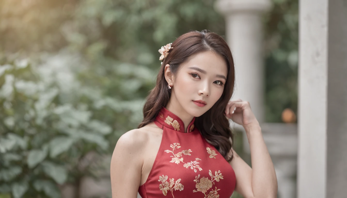 Royal sister，Stand by the pool in sexy clothes，on cheongsam，