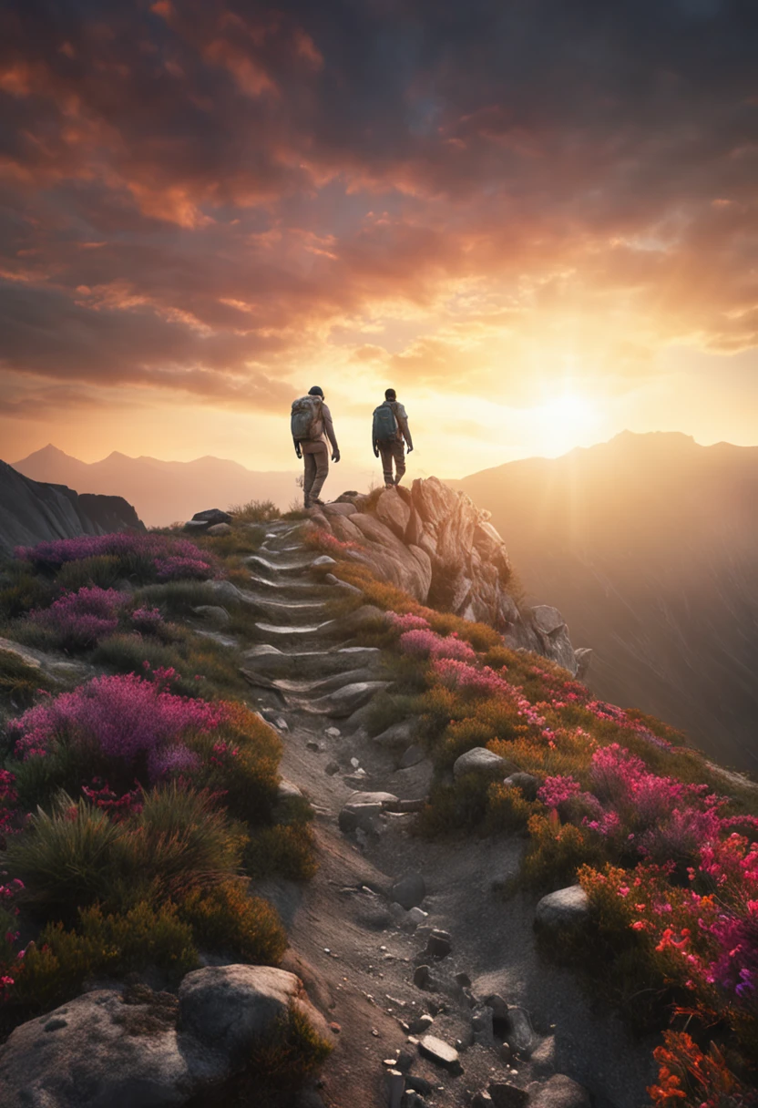 Create an image that represents the concept of overcoming challenges. Na cena, Visualize an individual standing at the beginning of a steep, rugged path, symbolizing life's obstacles. The character is looking up, With determination in his eyes, Ready to start the journey of overcoming.
The characteristics of the scenery should include a mountainous environment with rocks and challenging trails. There may be dark clouds in the sky, sugerindo dificuldades futuras. No entanto, em contraste com esse ambiente desafiador, Include elements that represent hope and perseverance, like a gentle sunrise beginning to illuminate the horizon.
Be sure to capture the emotion of the moment, showing determination on the main character's face. As pinceladas devem transmitir a textura das rochas e a mistura de cores do amanhecer. You can add small details, como uma mochila ao lado do personagem, indicating preparation, e flores resilientes crescendo nas fendas das rochas, symbolizing the life force.