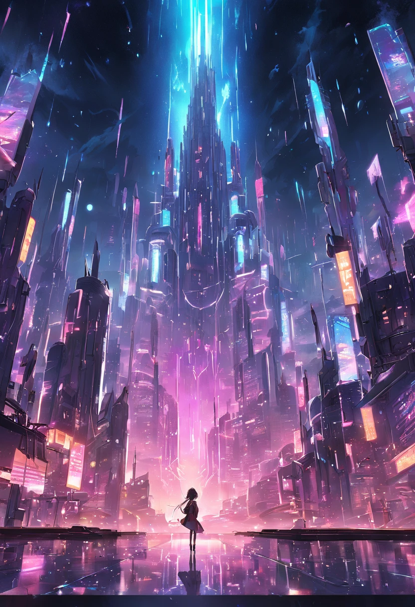 Massive cyberpunk cityscape, Soaring spires and holographic billboards illuminating the night sky.