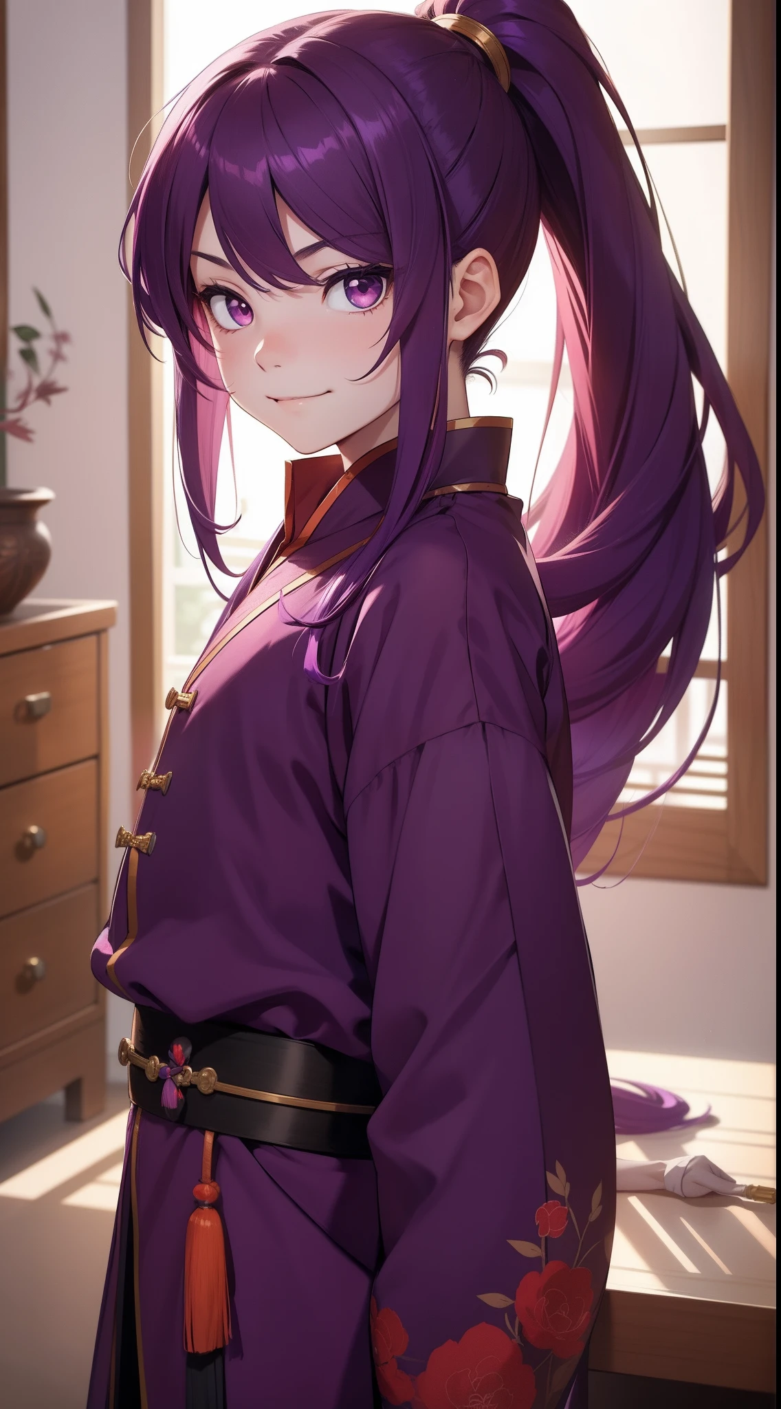 young boy, long purple hair, high ponytail, red-eyes, Chinese purple short-sleeved shirt, Via Hanifa, smirk, Feather Fan, Masterpiece, hiquality