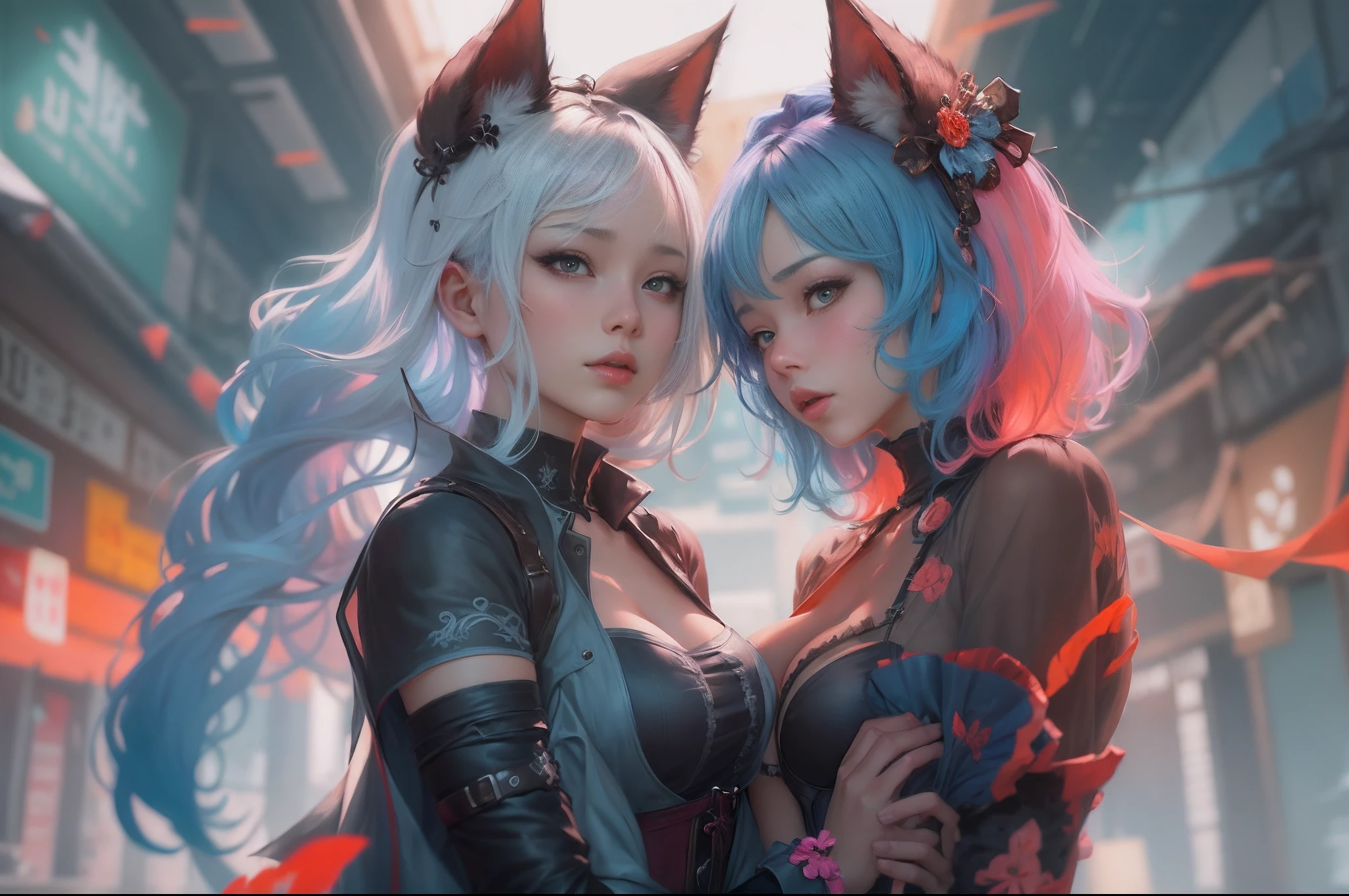 anime - style image of two women with pink and blue hair dressed in red and blue corset, posing in Akihabara for a foto shooting, Captured from a distance, wlop and sakimichan, attractive cat girl, artwork in the style of guweiz, fantasy art style, 2. 5 d cgi anime fantasy artwork, fanart best artstation, by Yang J, trending on cgstation, wlop and ross tran, guweiz