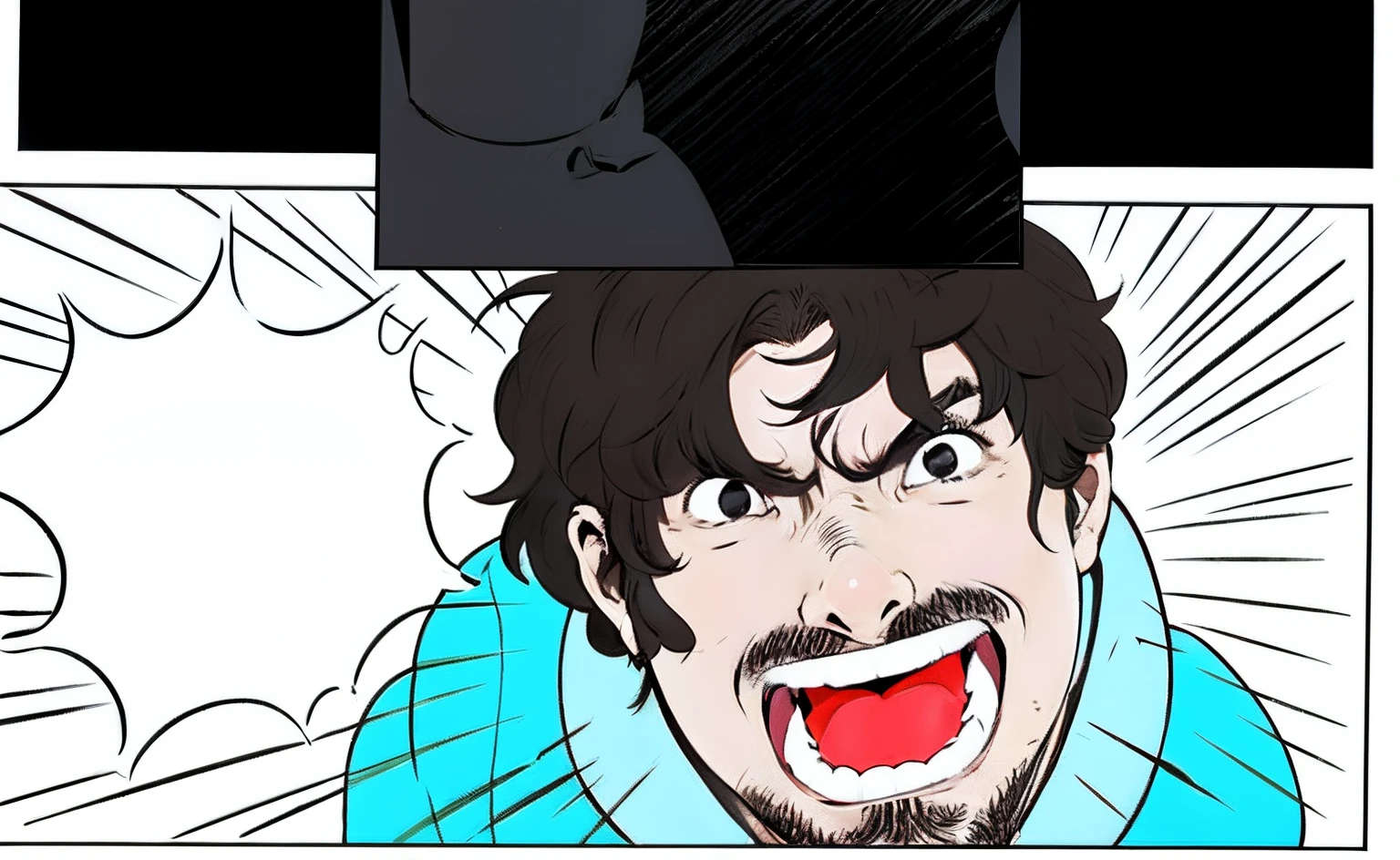 Cartoon of a man with an expression of anger and hatred on his face, colored manga panel, cel - estilo de artee sombreado, kentaro miura manga art style, color manga panel, closeup estilo gesto pesado, comic drawing style, artee em quadrinhos, he is screaming, cel anime sombreado, rotoscopia, ig studios estilo anime, r /arte, r/arte, estilo baki