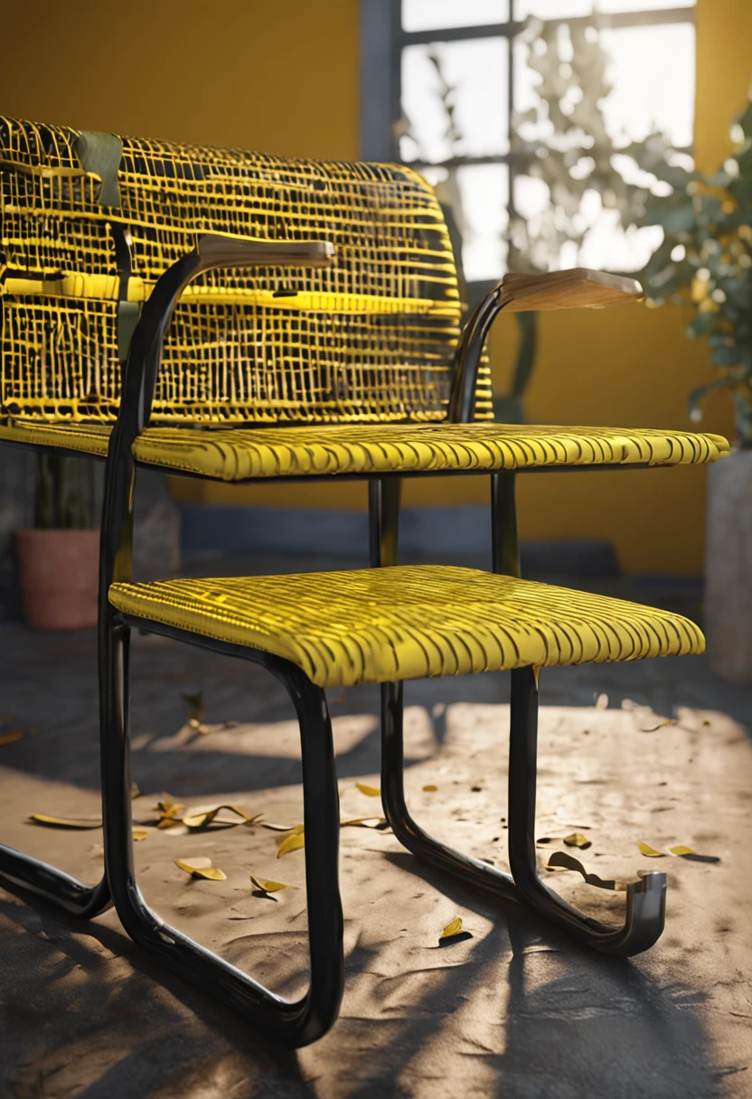 Close-up of a yellow chair with a black frame, a 3D render by senior environment artist, polycount, conceptual art, 3 dmax, single chair, chair, 3 dsmax, 3DSMAX, 3 d model, 3D model, 3 ds max, 3ds Max, modeled in poser, 3 D CG, 3D CG