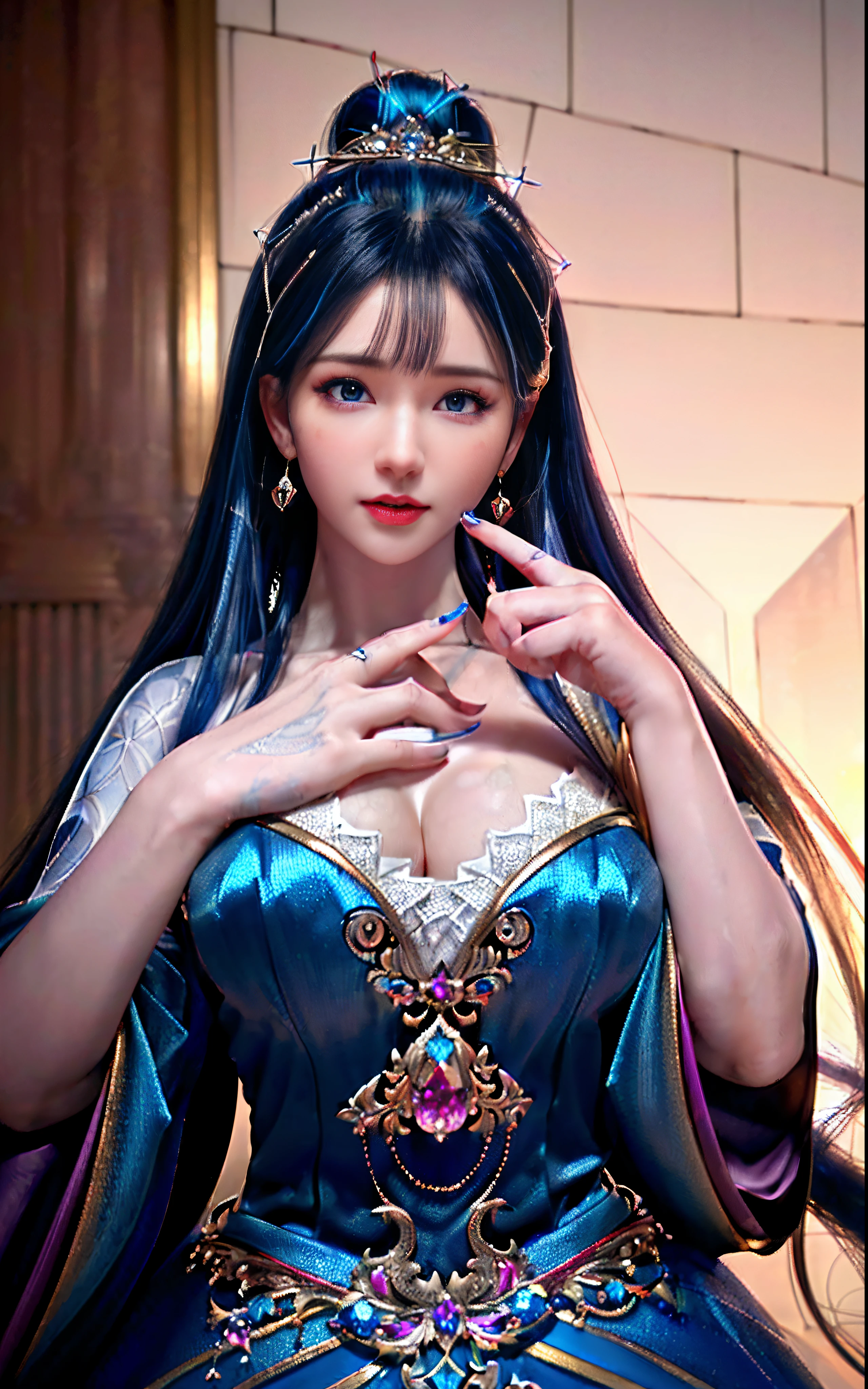 ((realisticity: 1.2)), ((realistic: 8K UHD)), ((best resolution: 8K UHD)), hyper detailed, best quality,masterpiece,highres,cg, ((1 girl hyper detailed and hyper realistic) ) , ((beautiful queen, hyper realistic and hyper detailed)),((white skin, beautiful, smooth, youthful, hyper realistic and hyper detailed )), ((Face hyper beautiful, white, hyper realistic and hyper detailed ) ), long hair, ((hyper realistic and hyper detailed dress)), solo, ((hyper realistic, hyper beautiful, beautiful and hyper detailed jewelry)), ((hyper beautiful deep red and golden yellow dress, hyper realistic and hyper detailed )) , ((Her pretty, hyper realistic, hyper detailed diamond filled earrings)), ((Her gorgeous diamond haircut, hyper realistic and hyper detailed)), ((hyper pretty upper body, hyper beautiful, hyper realistic and hyper detailed) ), ((medium breast: 1.1)), ((hyper realistic, hyper pretty, hyper detailed boobs)), ((the backgroun of the royal palace is hyper majestic, hyper realistic and hyper detailed)),((hands and palms hyper beautiful, hyper detailed, hyper realistic)), ((hyper detailed and hyper realistic fingers and fingernails)), ((hyper pretty fingernails, hyper vivid, hyper detailed, hyper realistic)), ((thumb, index finger, middle finger, ring finger, little finger hyper vivid, hyper pretty, hyper detailed, hyper realistic)), ((hyper beautiful fingers, hyper detailed, and hyper realistic)), ((posture not too fat and not too thin, hyper realistic, hyper detail)), ((hyper pretty, hyper pretty, hyper realistic and hyper detailed hair bun)), ((hyper pretty , hyper realistic and hyper detailed blue hair)), candid, Photo, high resolution, 8k , bokeh,