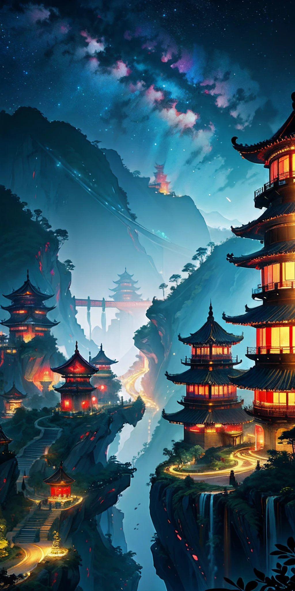 sky, star (sky), scenery, starry sky, night, 1girl, night sky, solo, outdoors, cloud, milky way, sitting, long hair, city, cityscape, winner of cg society competition, fantasy art, dreamy Chinese town, Chinese landscape, Chinese fantasy, Chinese ink style, pin ancient city view, order Impressive fantasy landscape, most epic landscape, mountainous jungle environment, avatar landscape, chinese village.