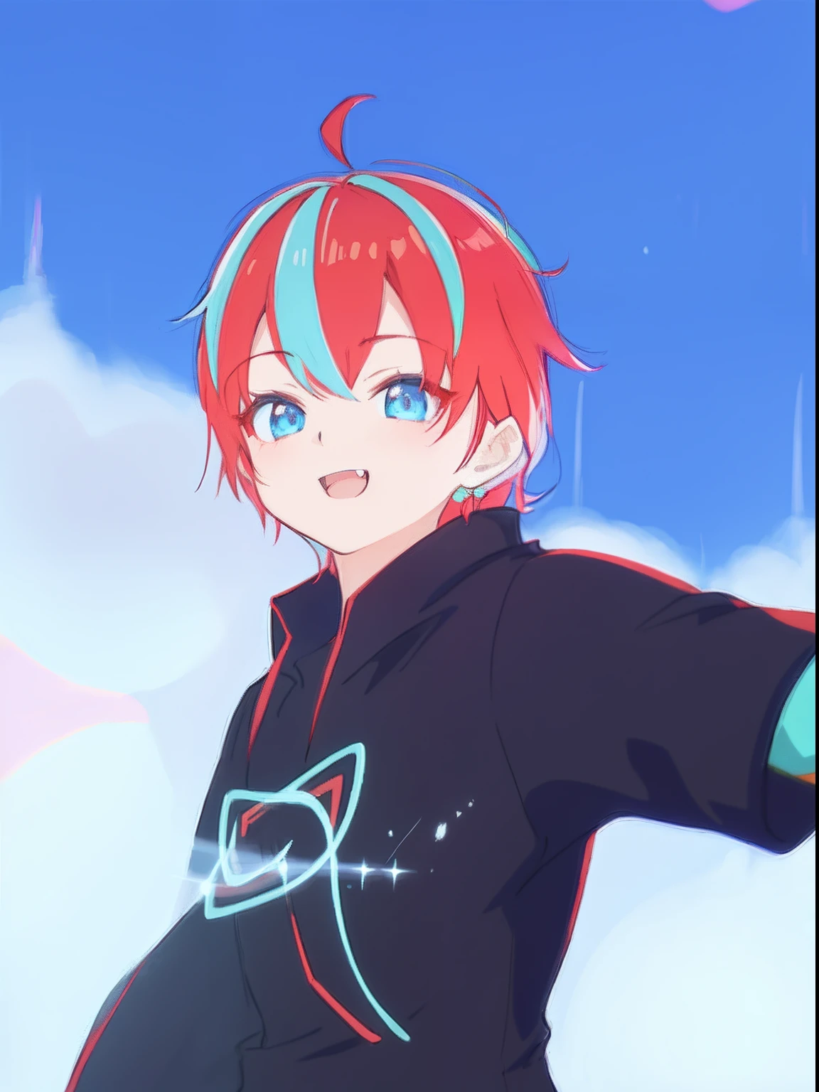 anime girl with red hair and blue eyes in a black outfit, anime artstyle, anime boy, anime moe artstyle, made with anime painter studio, stylized anime, anime style. 8k, anime style 4 k, anime style portrait, anime stylized, high quality anime artstyle, 2 d anime style, anime art style, clean artstyle,laugh