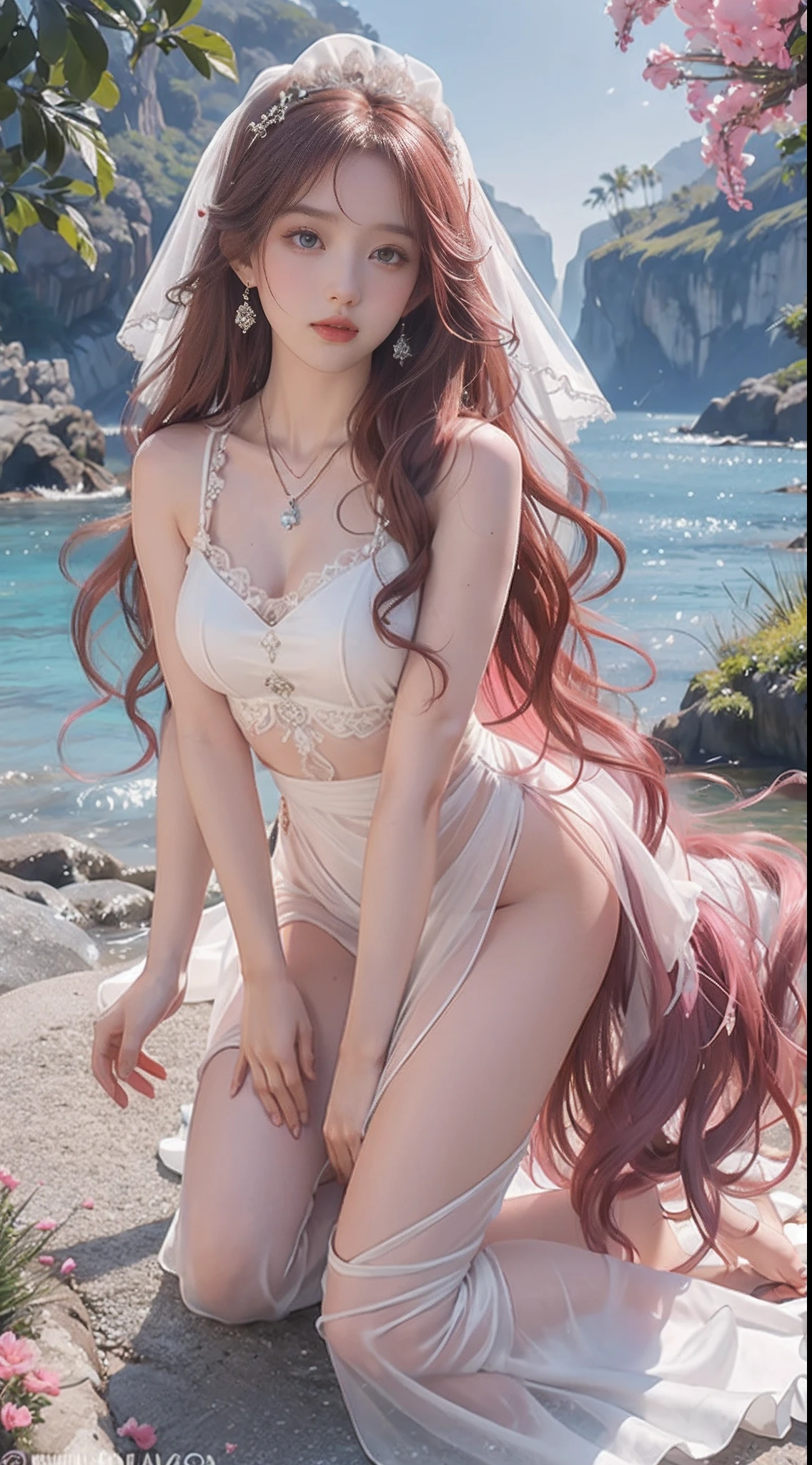Girl, sexy, wet white silk wedding dress, pink long hair, pink long hair, curly hair, curly hair, smooth long hair, shiny hair, delicate face, delicate lips, delicate eyes, blue pupils, delicate nose, necklace, earrings, hairpins, correct body structure, correct hand structure, half kneeling, sea of flowers, color contrast, Tyndall effect, vista, full body,