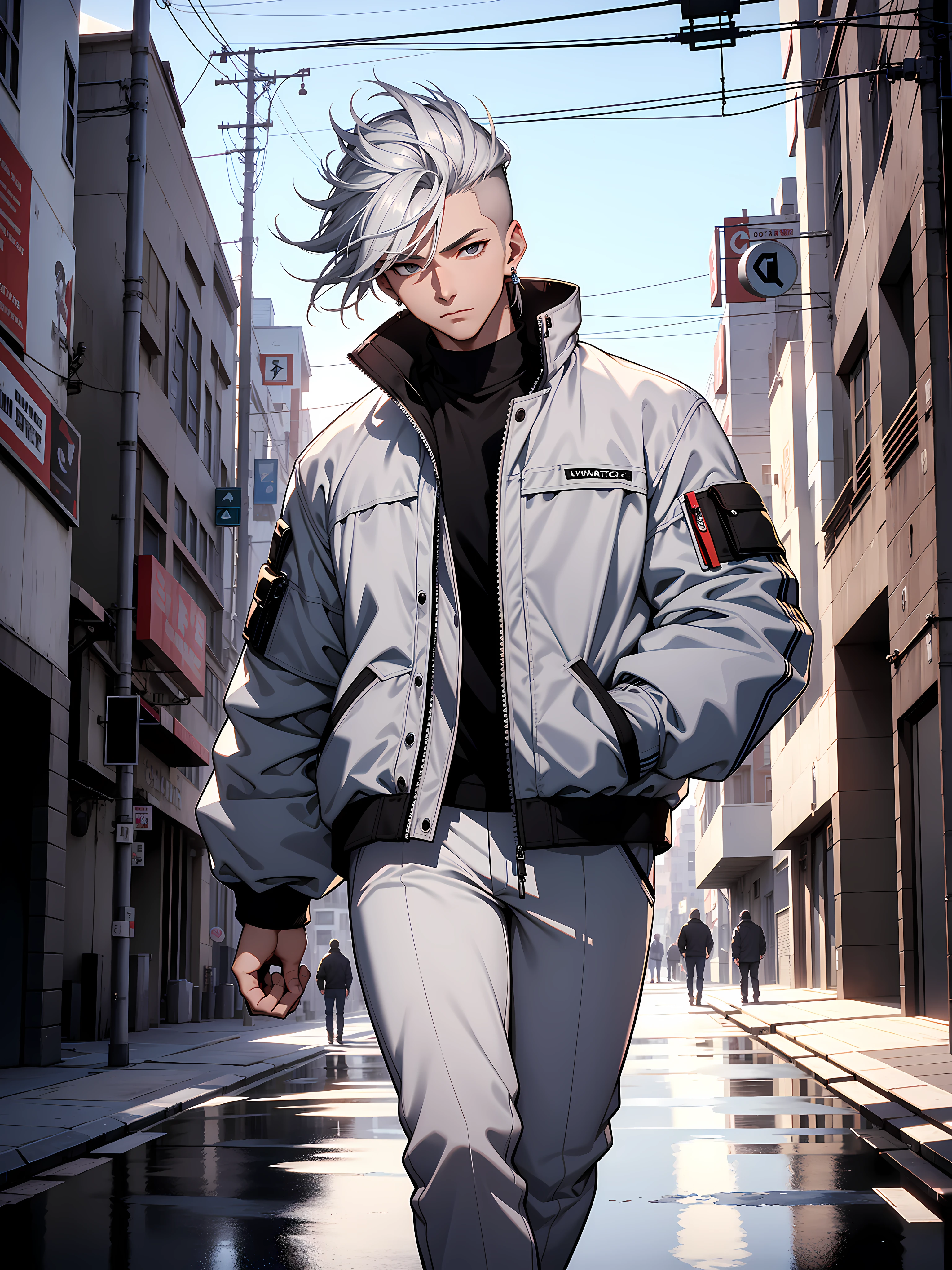 1boy, short earrings, tall guy, face focus, beautiful black eyes, white hair with mullet haircut, body is well proportioned, white jacket, silver pants, his in the neighborhood, looking at viewer, high resolution, ultrasharp, 8k, masterpiece