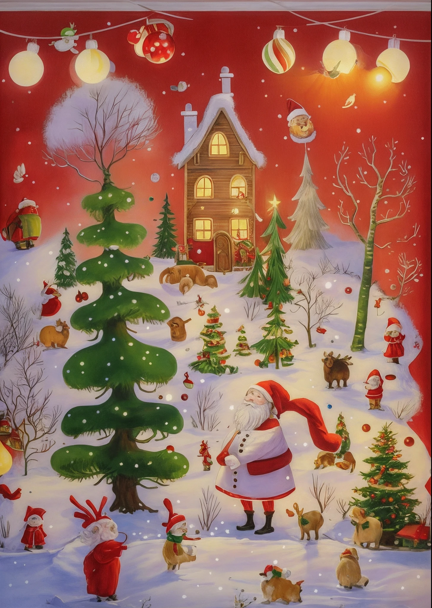 Imagine that,This Santa Claus poster is full of joy and warmth。Santa Claus is portrayed vividly,He wears a red coat、Red hat and white beard,Holding a bag full of gifts。
The background is a snow-white winter landscape,Snowflakes fall on lovely cottages in the forest,The interior of the house emits a warm glow through the light from the windows。The pine trees next to the cottage are covered with shining lights and Christmas decorations,Make the whole scene more dazzling。
There is also a group of happy children in the picture,They are looking forward to the arrival of Santa Claus。They wear brightly colored clothes,With a smile on your face,Christmas stockings and gift box in hand。
The whole poster gives warmth、Feelings of joy and well-being,As if the magic of Christmas accompanied the arrival of Santa Claus,It brings endless joy and blessings to people。
Let's celebrate this special holiday together,Share joy and love with family and friends!