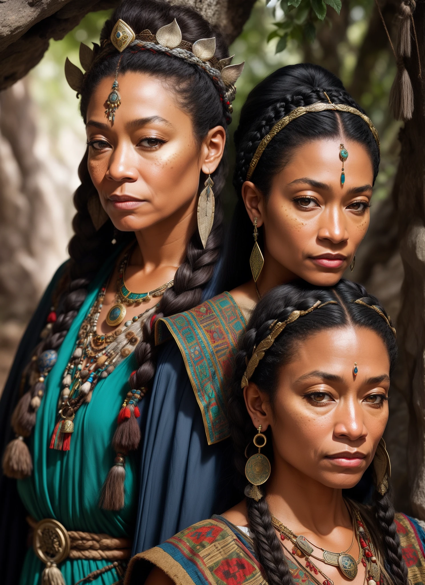 Portrait photography, Mixed mugshot of Bill Cosby and Gina Torres，Plays the 50-year-old Blas female snake shaman in a medieval fantasy, wrinkle, Old, Disgusting eyes, Matte gray long hair braid, sophisticated haircut, Huge intricate tribal druid crowns，Decorated with tiny bones and lion's fangs, solemn expression, eye bags, Elaborate shamanic costumes from medieval fantasy tribes, Decorated with pendants, In the medieval fantasy cave, The Nikon D850 and Nikon AF-S NIKKOR 70-200mm f subtly capture color/2.8E FL ED VR Lens, Peter Jackson, fantasy, Historical