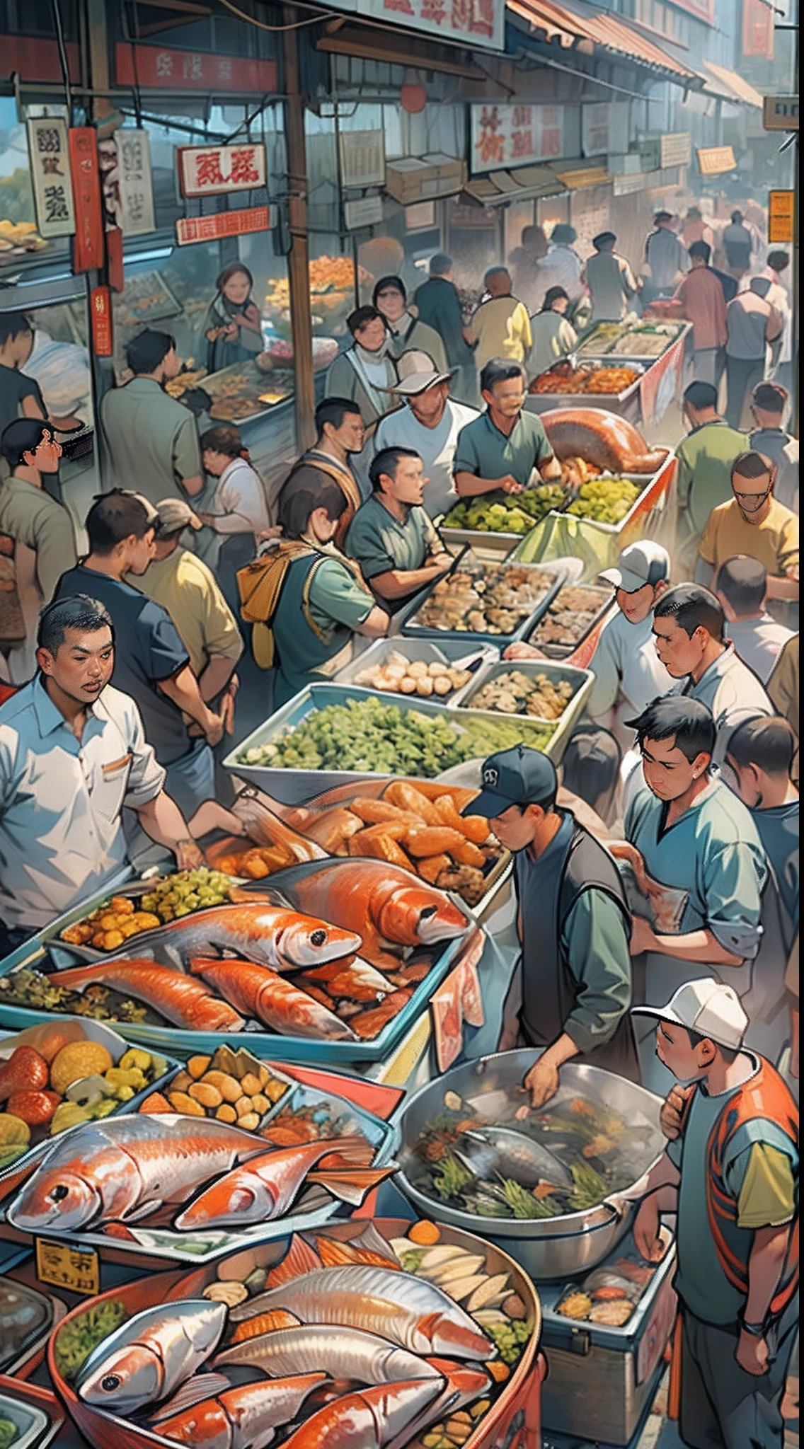 A bustling fish market, people rushing towards seafood stalls with large bags filled with various seafood products, price tags on the stalls displaying exorbitant numbers, people crazily buying, ,in the style of the stars art group xing xing, 32k, best quality, masterpiece, super detail, high details