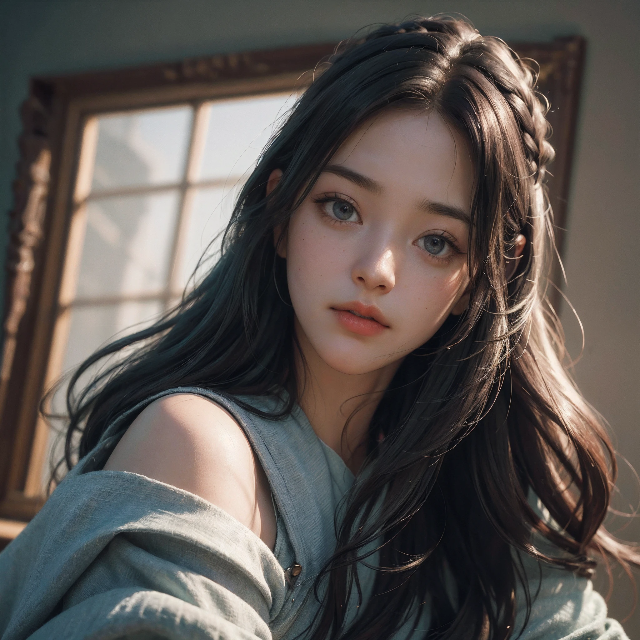 (RAW photo, best quality), (realistic, photo-realistic:1.3),best quality,highly detailed,masterpiece,ultra-detailed,illustration,1girl,upper_body,dynamic angle,world masterpiece theater,messy_long_hair,best quality,extremely detailed CG unity 8k wallpaper,ink,Amazing,cinematic lighting,lens_flare, dunhuang_style