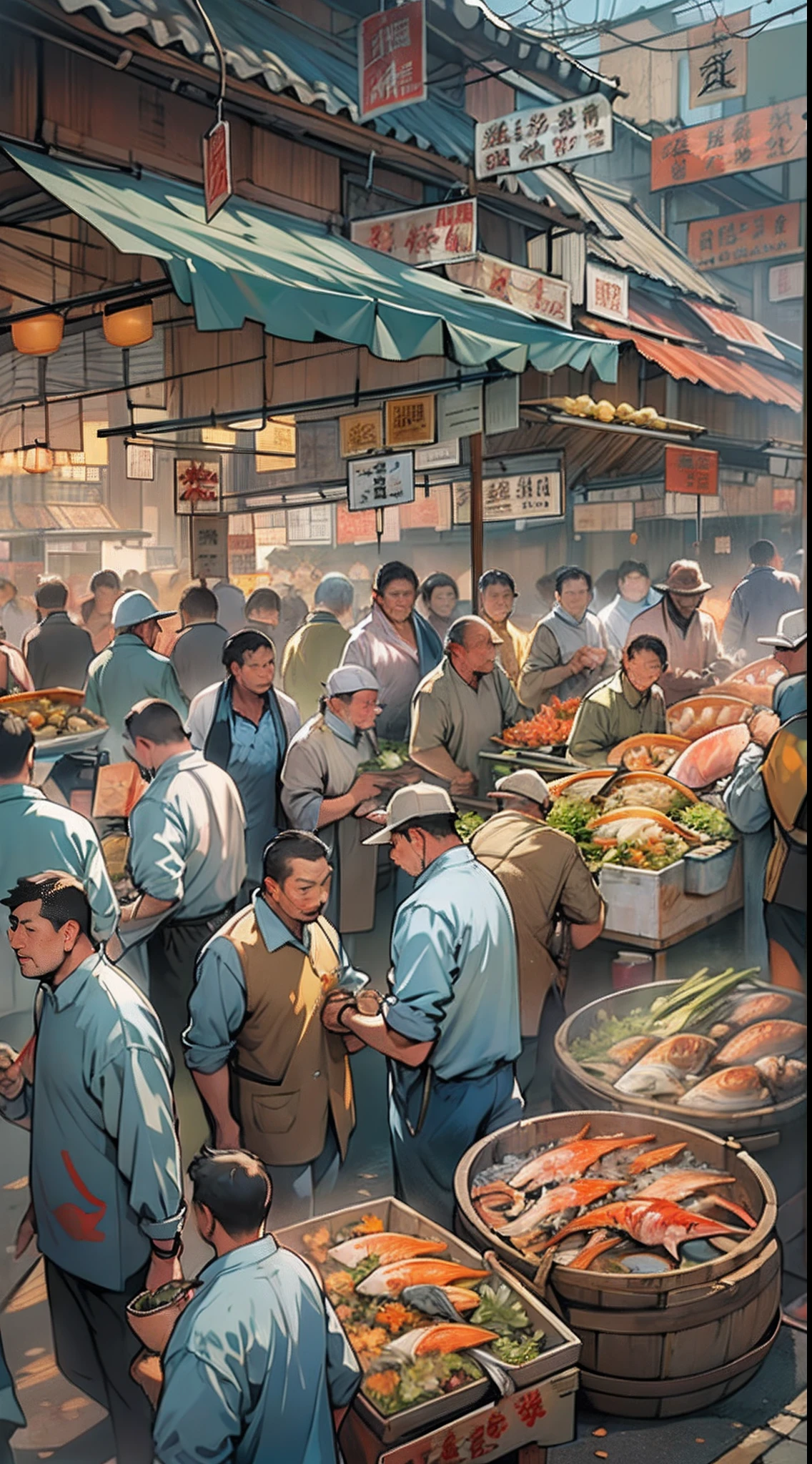 A bustling fish market, people rushing towards seafood stalls with large bags filled with various seafood products, price tags on the stalls displaying exorbitant numbers, people crazily buying, ,in the style of the stars art group xing xing, 32k, best quality, masterpiece, super detail, high details