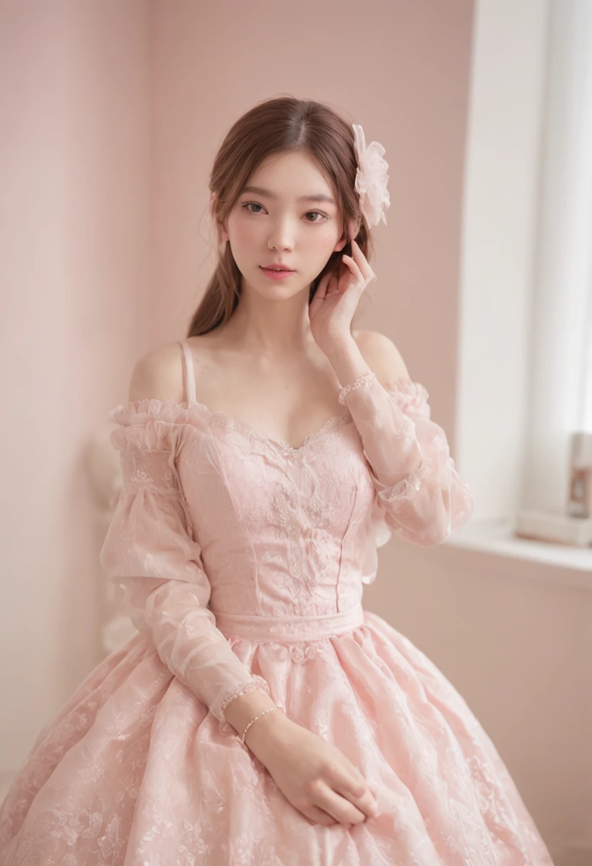 Lovely girl bedroom,Solo,Look at the lens angle from the bottom up,Pink room,(modern day,Ultra-realistic display),Selfie pose,on itself,Soaked white dress,NNSFW,Flesh-colored stockings,Hands on your back,New skin,Delicate collarbone Large breast