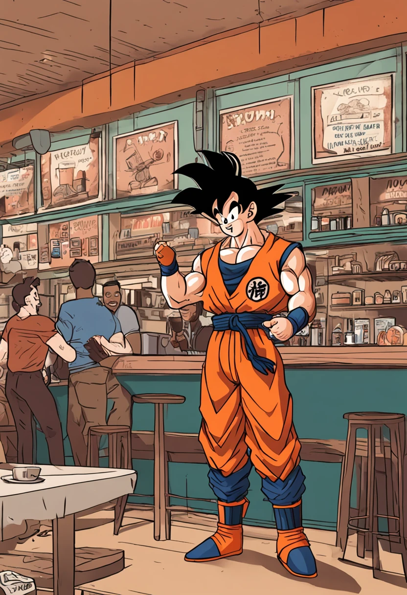 "Goku is holding an iPhone, listening to music, standing next to a cafe."