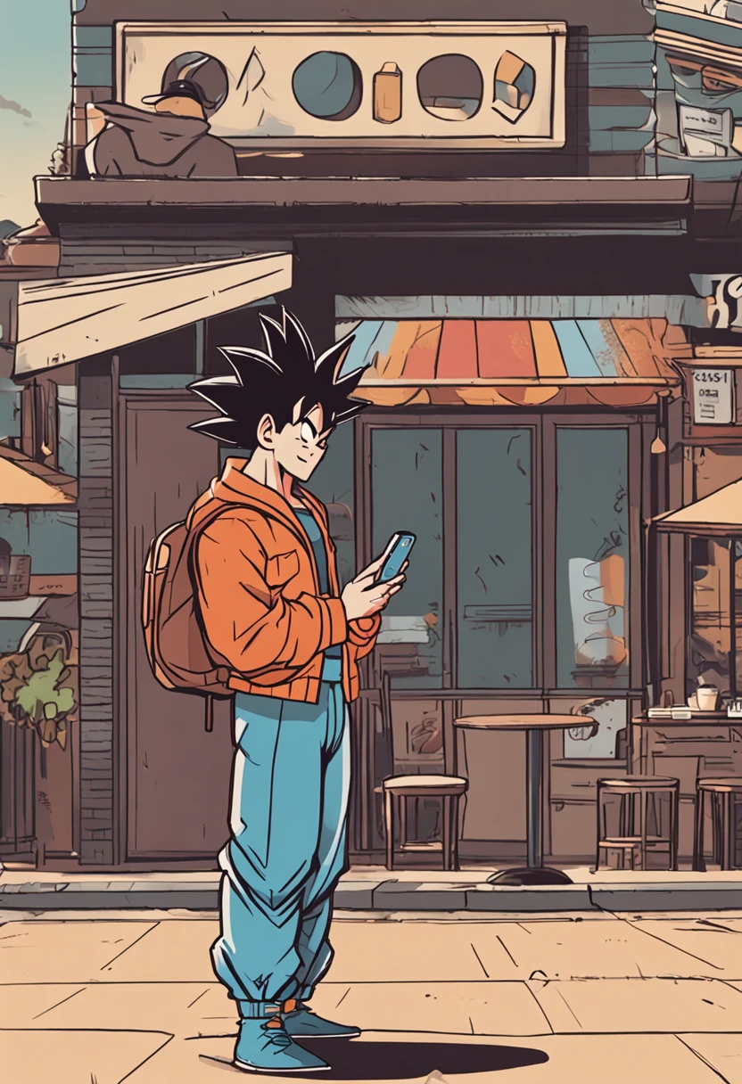 "Goku is holding an iPhone, listening to music, standing next to a cafe."