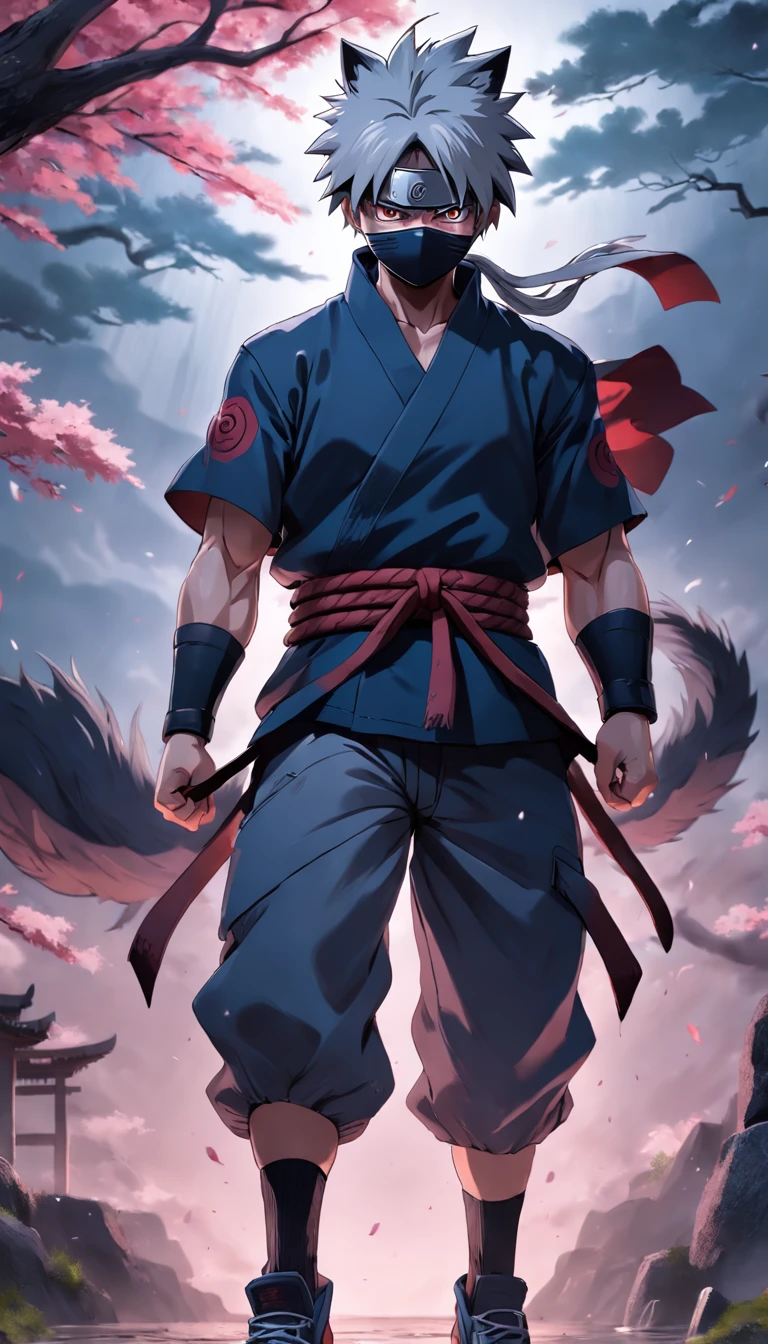 An ultra-realistic 8K HDR image depicting a Kakashi Hatake full view with a demon shadow looming behind it. The sakura Kakashi hatake full view  is intricately detailed, with every fur and whisker rendered with precision. The dark fantasy atmosphere enhances the dynamic pose of the Kakashi hatake full view, creating a visually stunning and immersive scene.